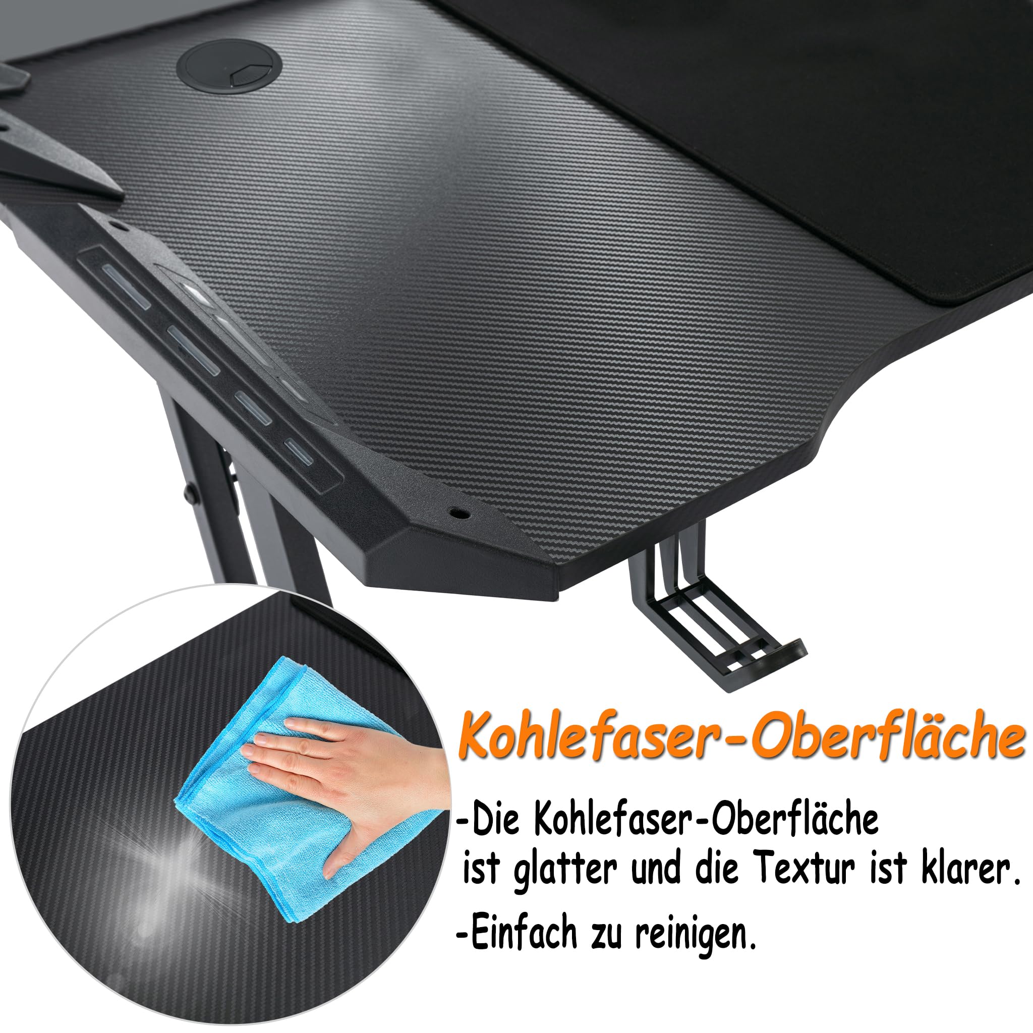 120 x 60cm Gaming Schreibtisch Gaming Schreibtisch mit RGB LED - Kopfhörerhaken und Getränkehalter Schwarz C