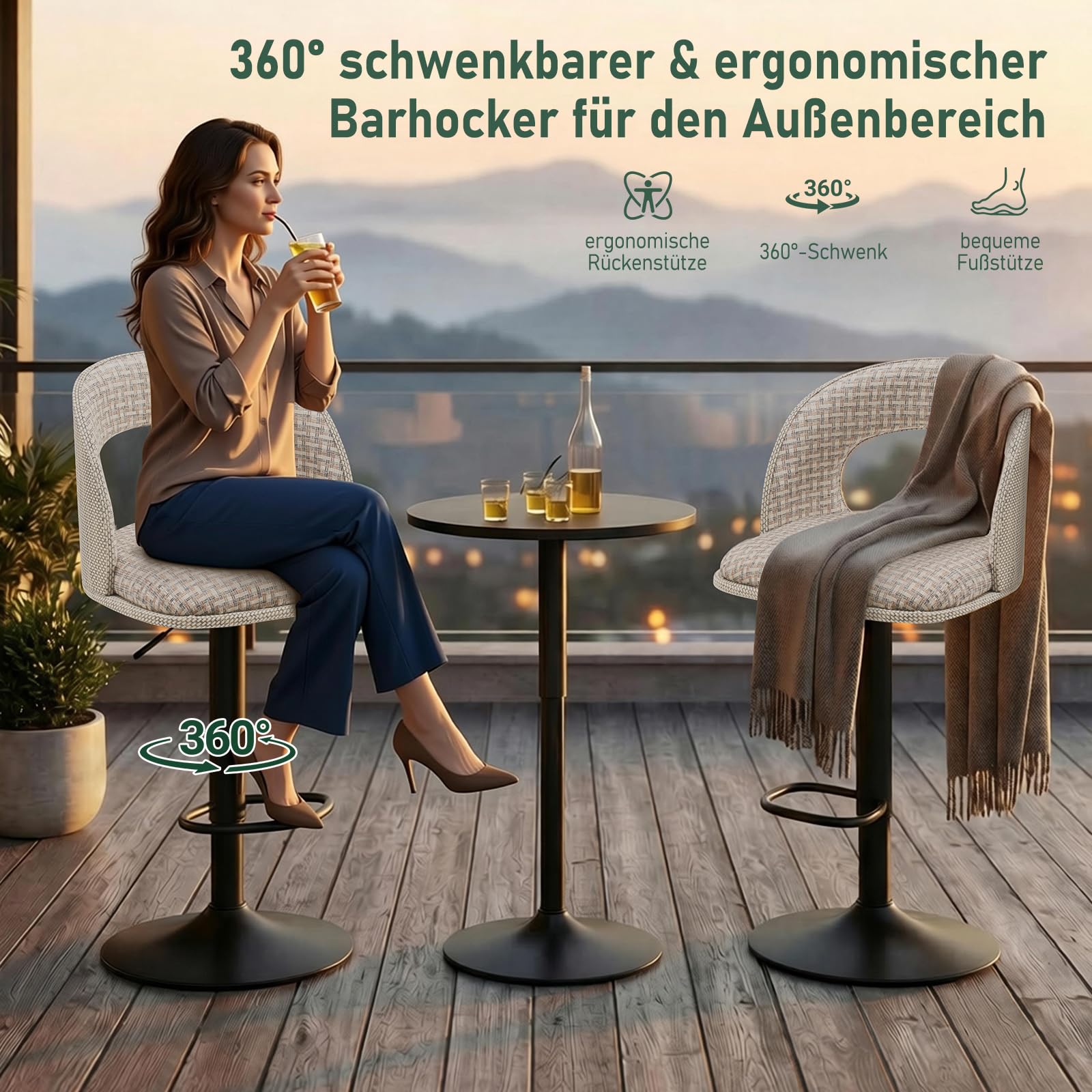 2er-Set Barhocker für den Außenbereich mit Schutzhüllen wasserdicht, höhenverstellbar, mit hohler Rückenlehne, drehbar, für Garten und Terrasse, wetterfester Textilene-Stoff, Leinen-Karomuster
