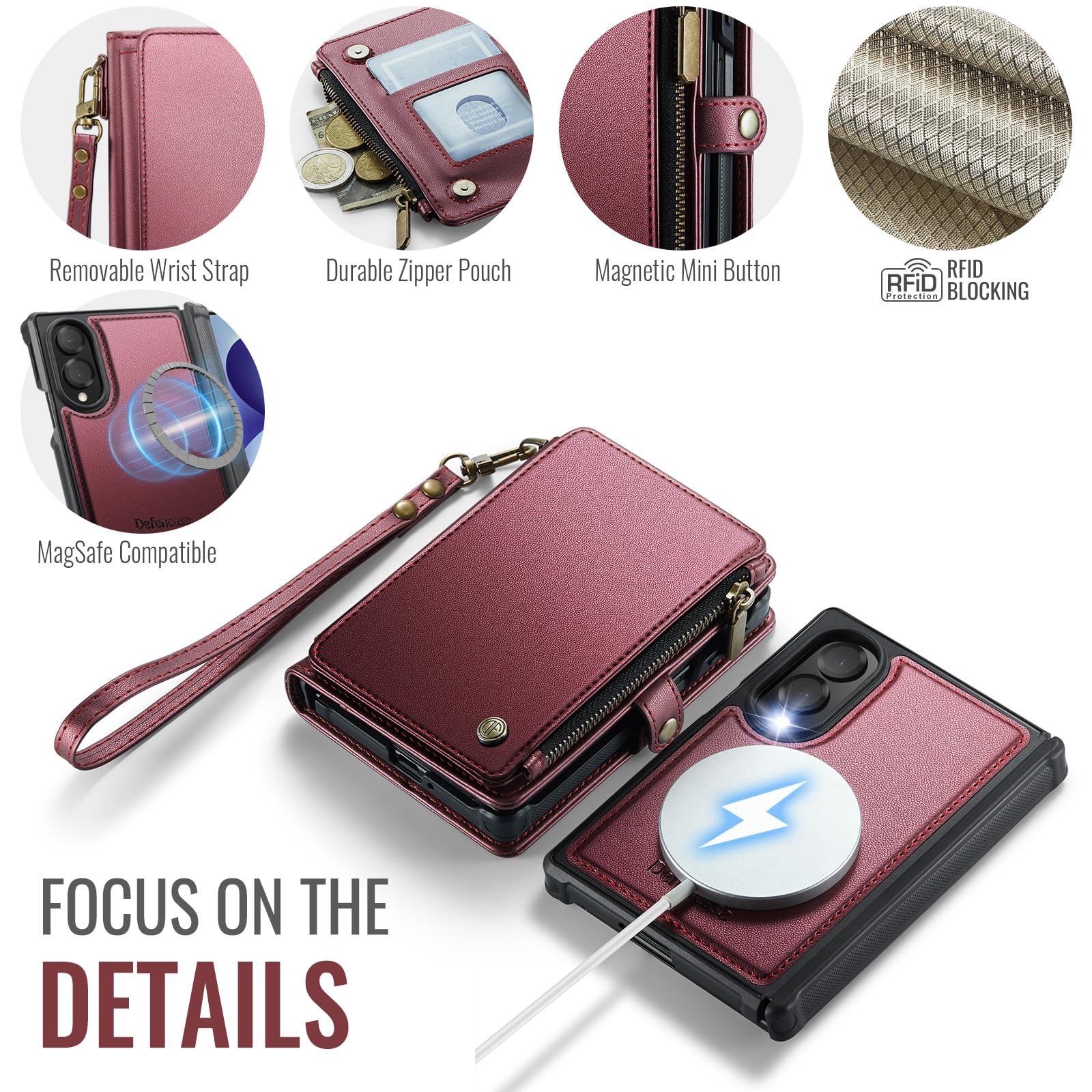 Defencase Funda tipo cartera para Galaxy Z Fold 8 compatible con Magsafe | Funda magnética desmontable para tarjetas RFID Bolcking con cremallera, piel sintética, a prueba de caídas para Samsung