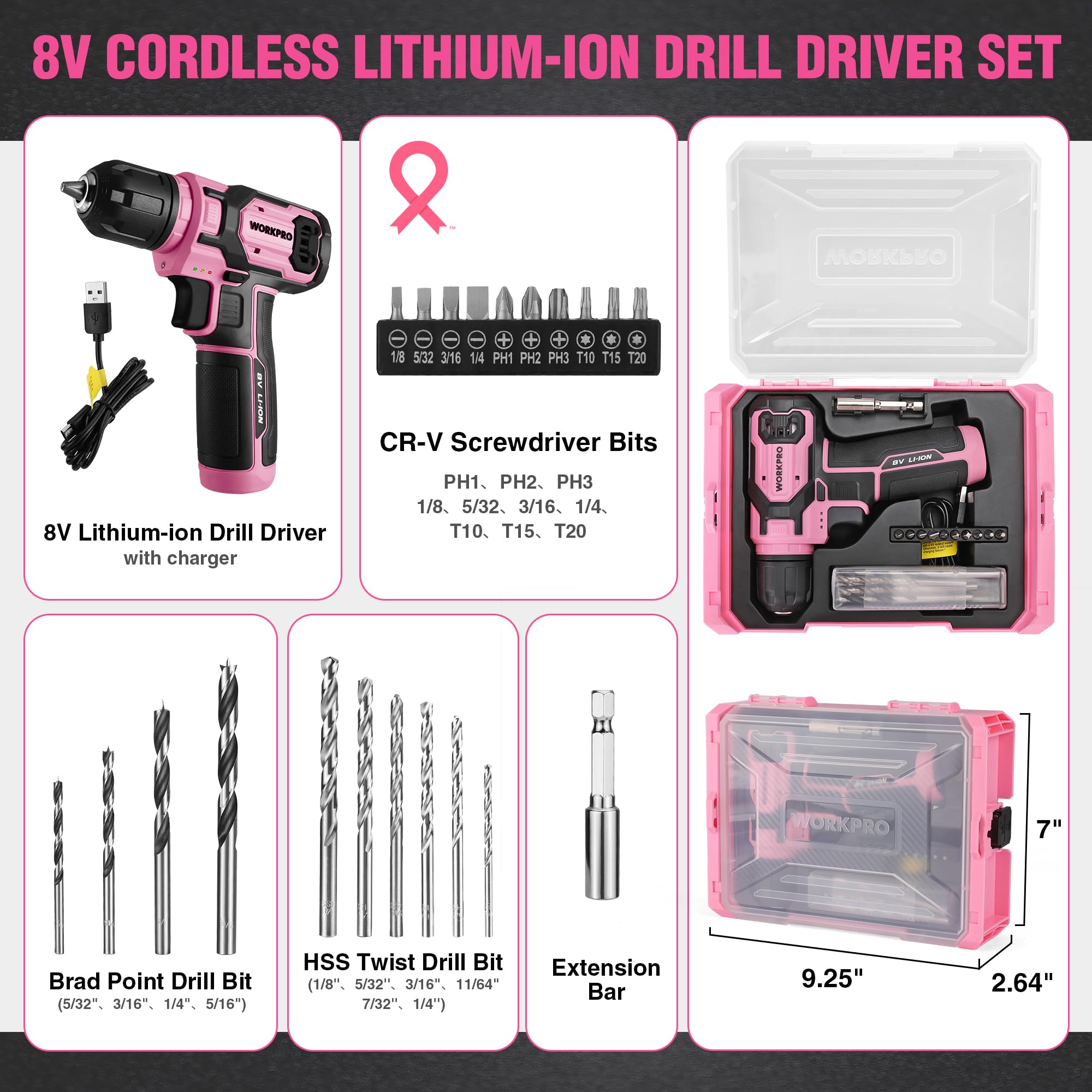 WORKPRO Juego de taladro eléctrico rosa y caja de herramientas apilable, destornillador inalámbrico de 8 V con juego de brocas, kit de destornillador eléctrico inalámbrico de 2.0 Ah con portabrocas