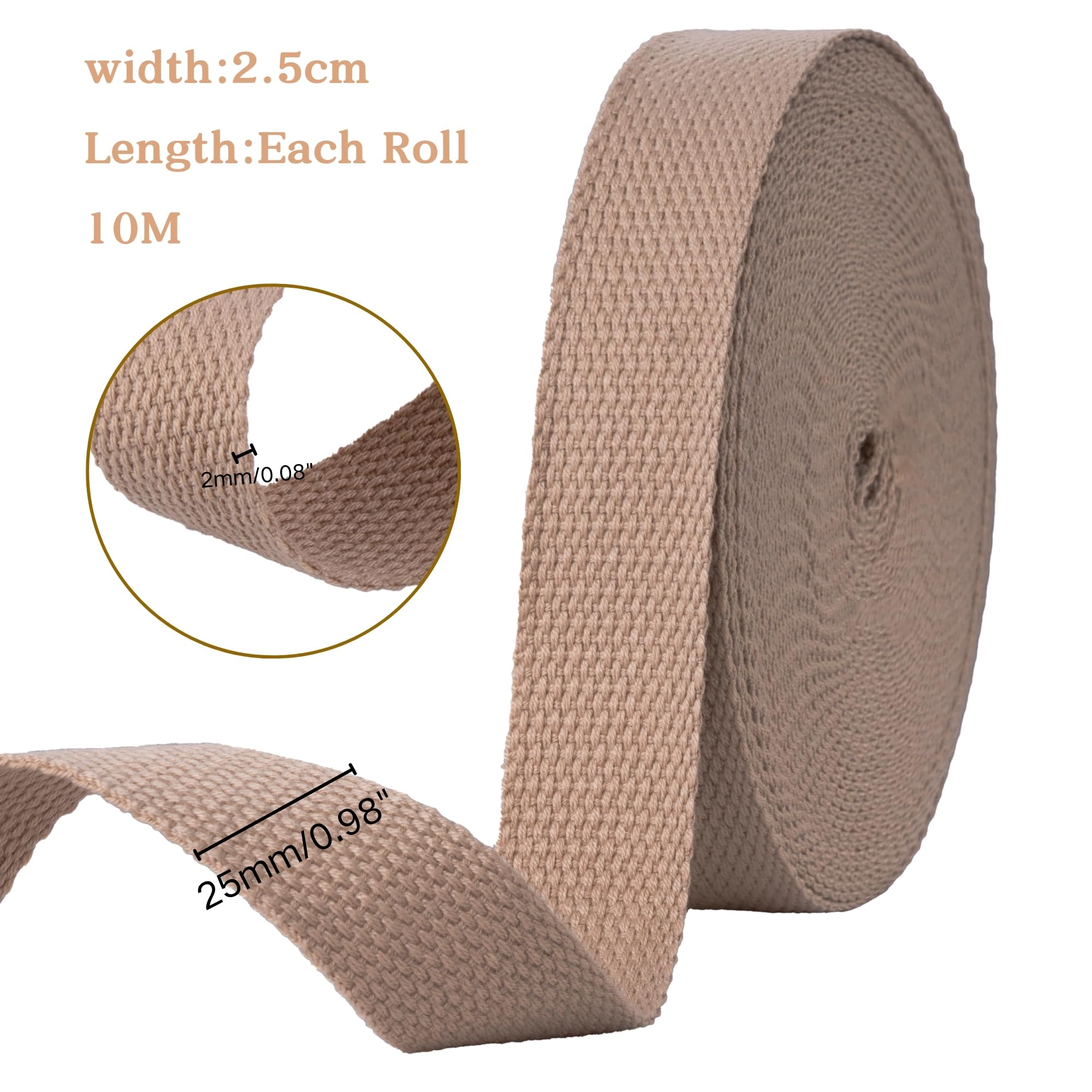 Baumwolle Gurtband 1 Zoll, 2 Rollen/18M Baumwoll Schrägband Riemen Einfassband Baumwolle Nahtband für Gurtband Tasche Griffe, Tasche Gurt, Tragetasche Gurtband, Stoff (Khaki)
