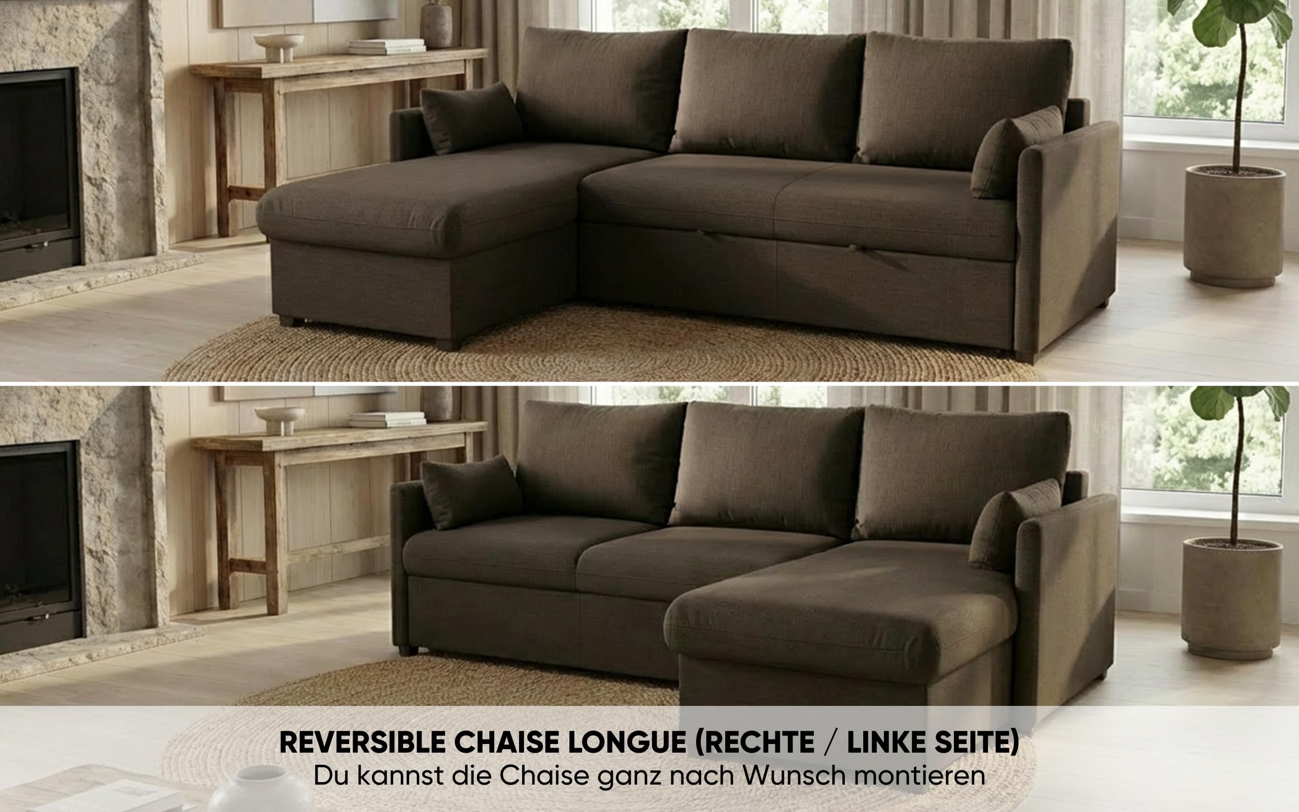 BUDWING Orlando Ecksofa Schlafsofa 3-Sitzer – Wendbare Chaiselongue mit Stauraum – Zeitgenössischer Stil, wasserabweisender, fleckenresistenter Stoff – 221x160,5x88 cm – Braun
