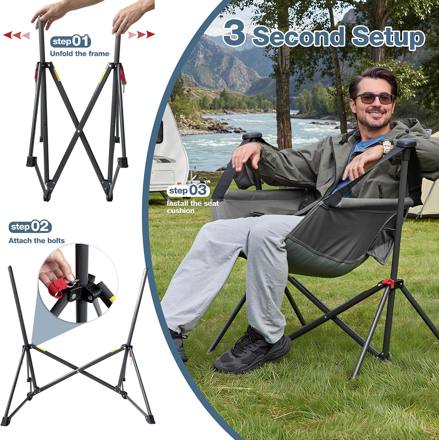 Hammock Camping Chair with Adjustable Backrest, 350LBS Heavy Duty Oversized Swinging Chair Portable Folding Rocking Chair with Pillow Cup Holder for Outdoor Beach Camping Patio, Grey