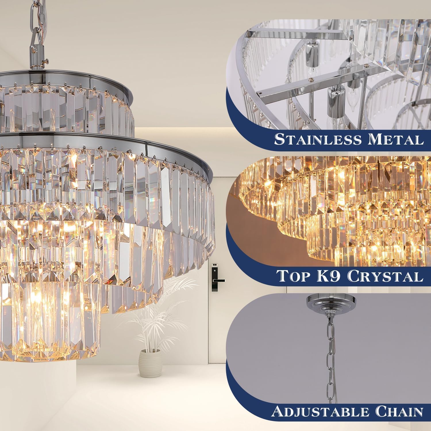 Chrome Crystal Chandelier Lights 20 Inch Luxurious Chandeliers Hanging Pendant Light Fixture for Dining Rooms Living Rooms Entryway 7-Lights