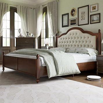 VanAcc King Size Solid Wood Bed Frame with Upholstered Headboard, Luxury Platform Beds with Wood Slat Support, Walnut