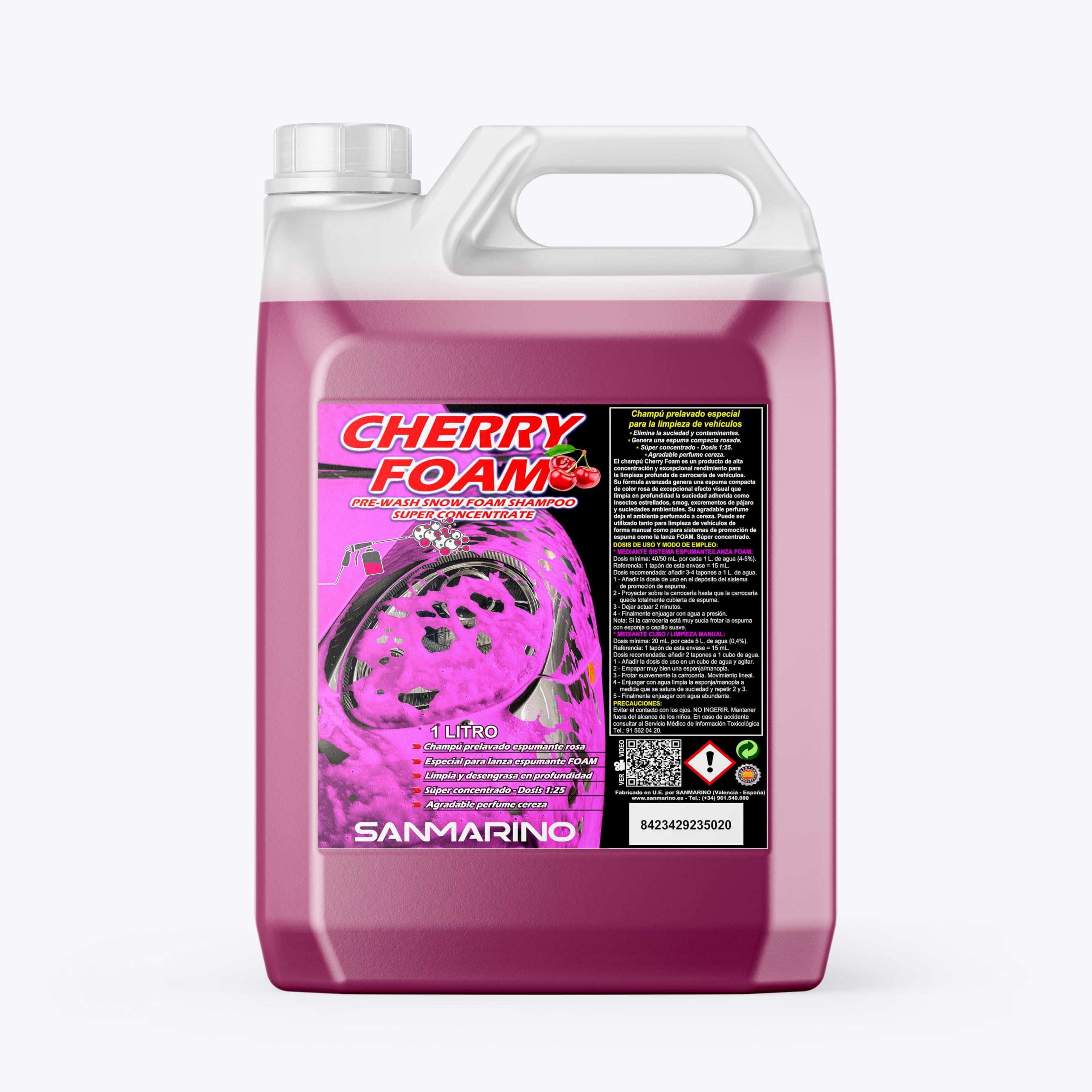 Sanmarino Champú coche Espuma Rosa, Lavado Coche y Moto, Foam Rosa Espuma Activa, Champú CHERRY FOAM 5 LITROS
