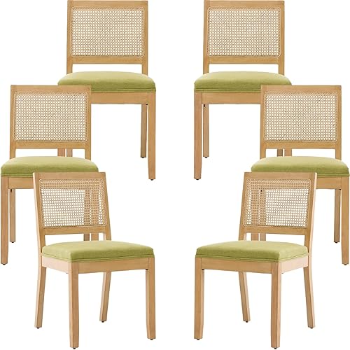 Miniatura 47 de French Country - Juego de 4 sillas de comedor de ratán beige, sillas de comedor de madera con respaldo de caña y asiento tapizado de lino, marco de