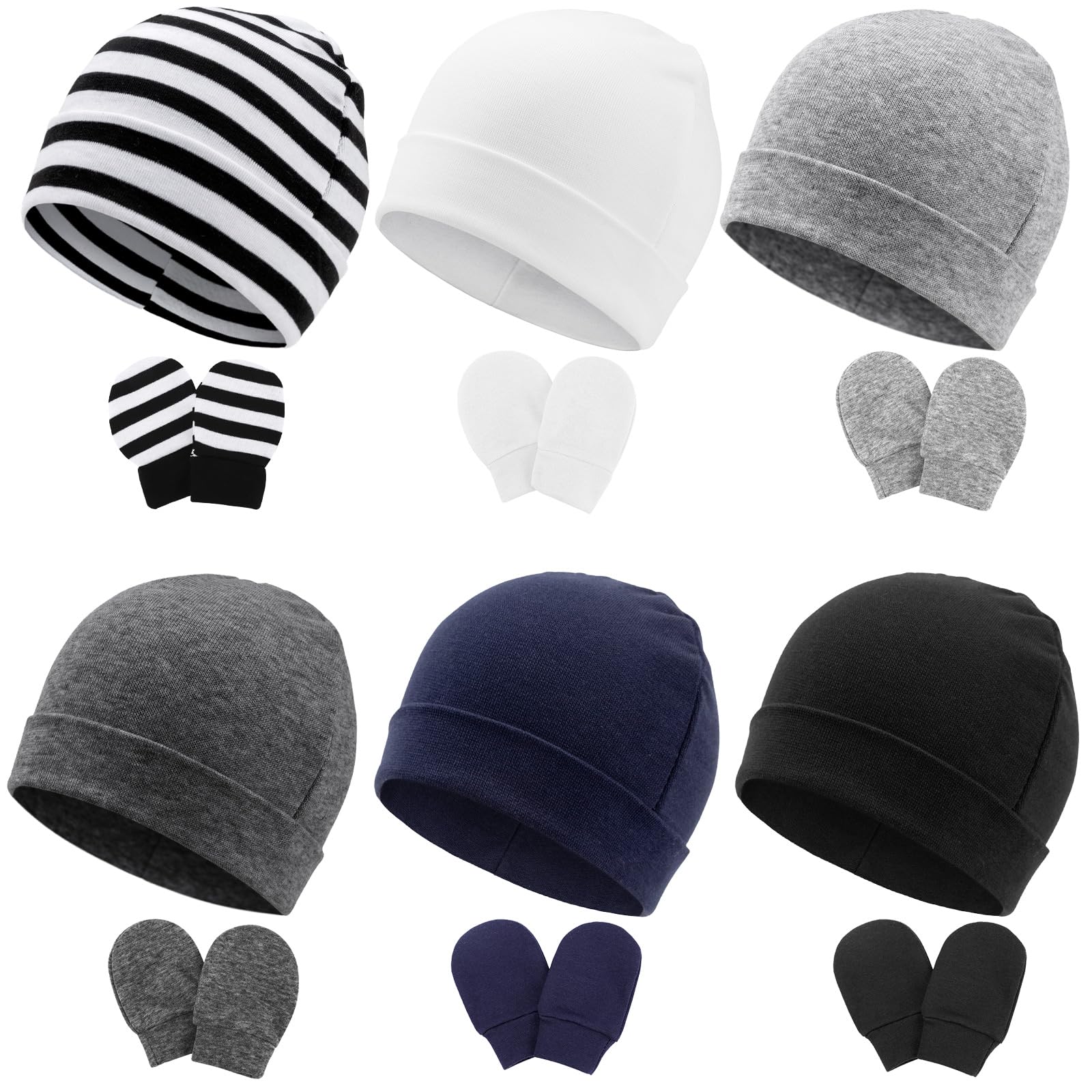 Dreshow Women's 6 Sets L01: Cotton Hats & Mittens Newborn Baby Hats Mittens Set Hospital Hat Beanie Infant Hats Baby Cotton Gloves No Scratch Mittens 0-6 Months