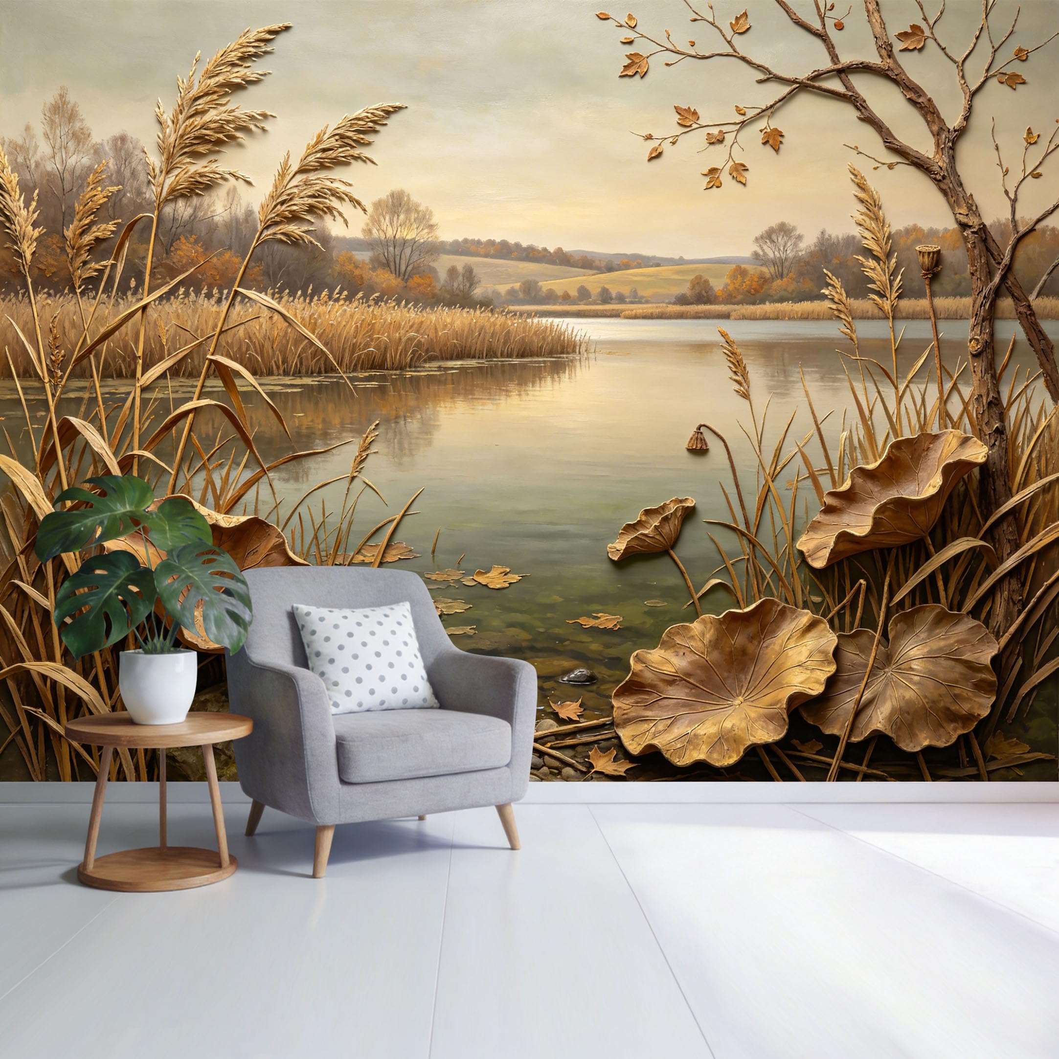 Custom Size Wall Mural Tranquil Lake Landscape Autumn Reeds Golden Leaves Nature Scene SelfAdhesive Wall Fabric Removable Wallpaper for Home Office Decor