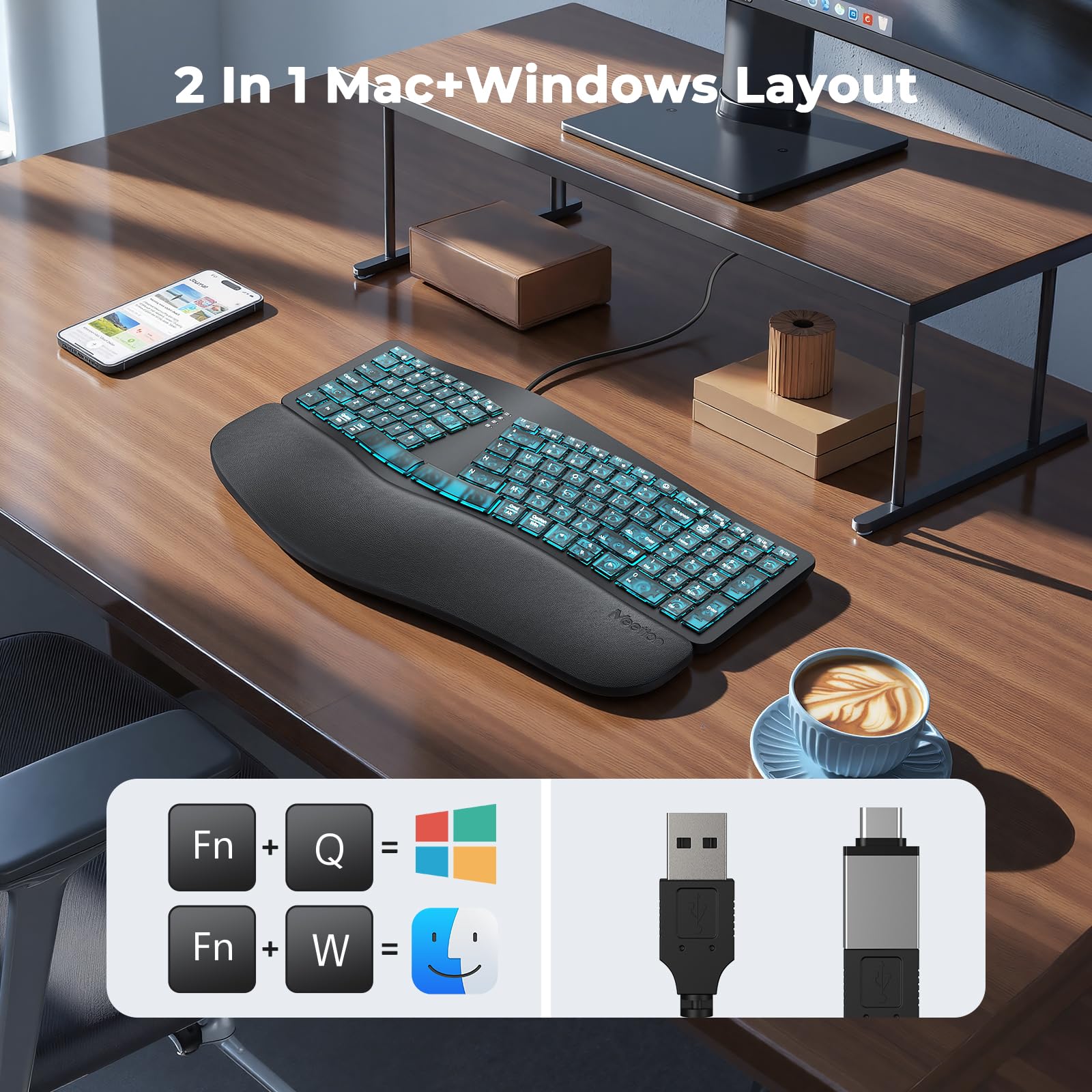 MEETION Tastiera ergonomica cablata, retroilluminazione trasparente a 7 colori, 4 luminosità, 1 retroilluminazione RGB respiratoria, cuscino poggiapolsi, adattatore USB-A/USB-C, tastiera Ergo per