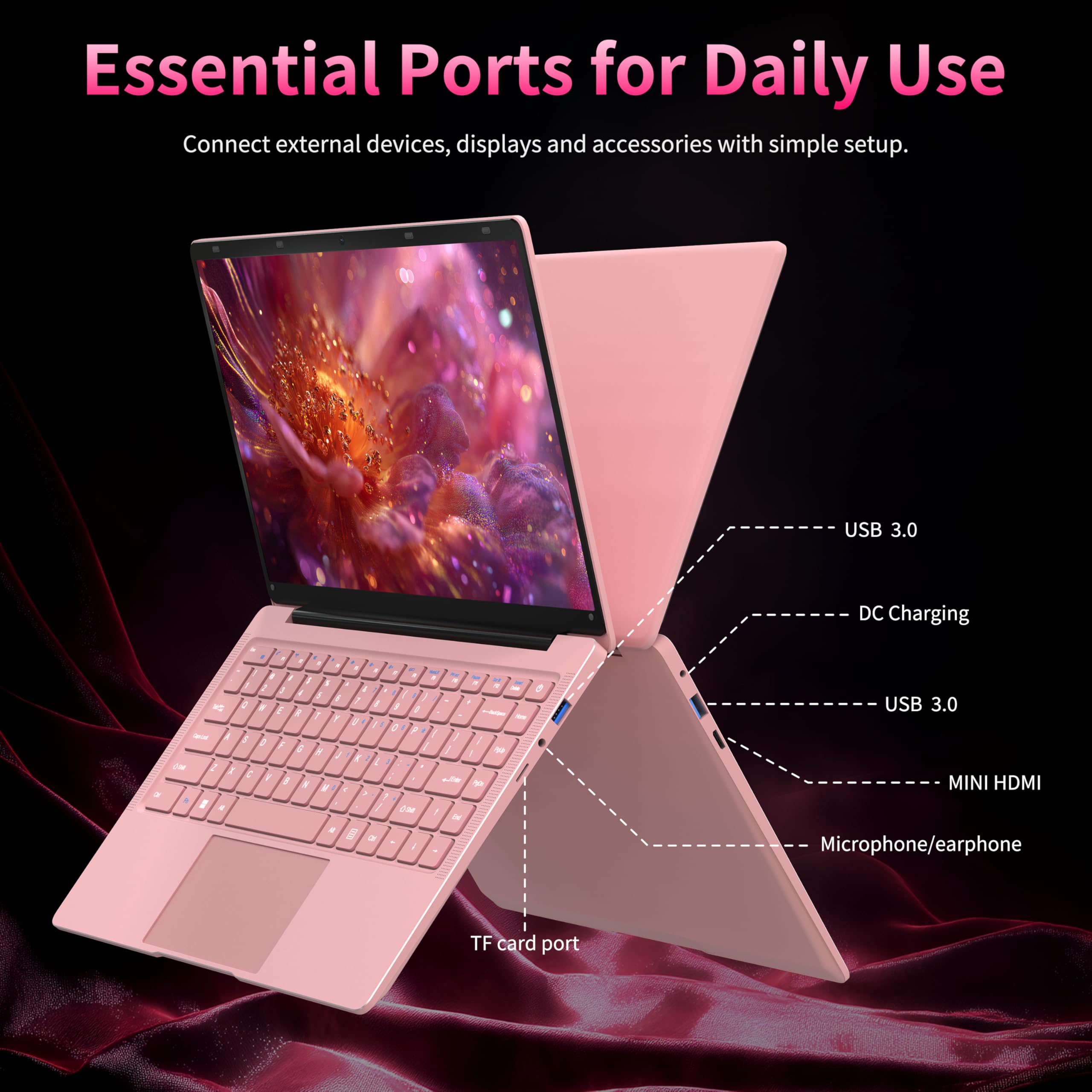 Amita 14 Inch Lightweight Laptop for Everyday Use, Full HD Display, 8GB Memory & 512GB Storage, Pink Portable Notebook for Study, Home and Travel — view 6