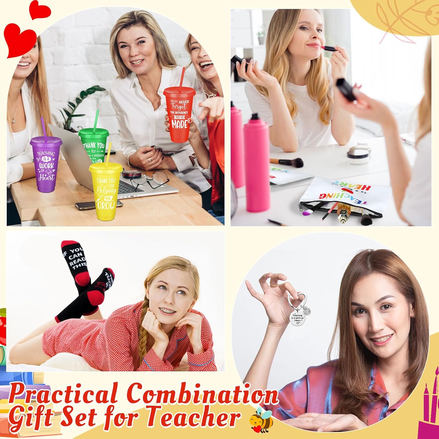 24 Pcs Teacher Appreciation Gift from Students 2026 End of Year Thank You Gifts Bulk 24 oz Plastic Tumbler Cup Makeup Cosmetic Bag Crew Sock Keychain for Retirement - Image 2