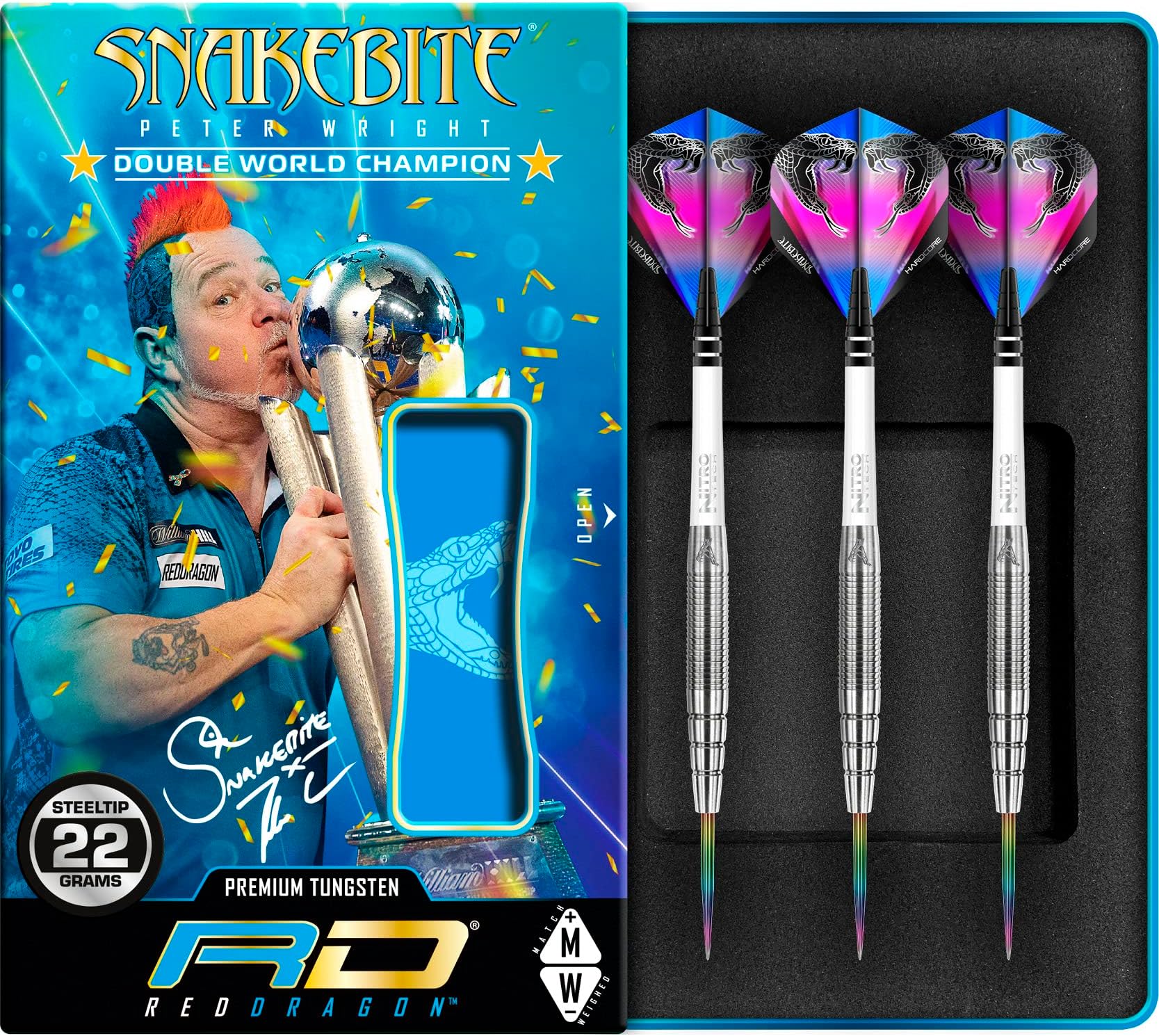 RED DRAGONPeter Wright Snakebite PL15: 22g Tungsten Darts Set with Flights and Stems