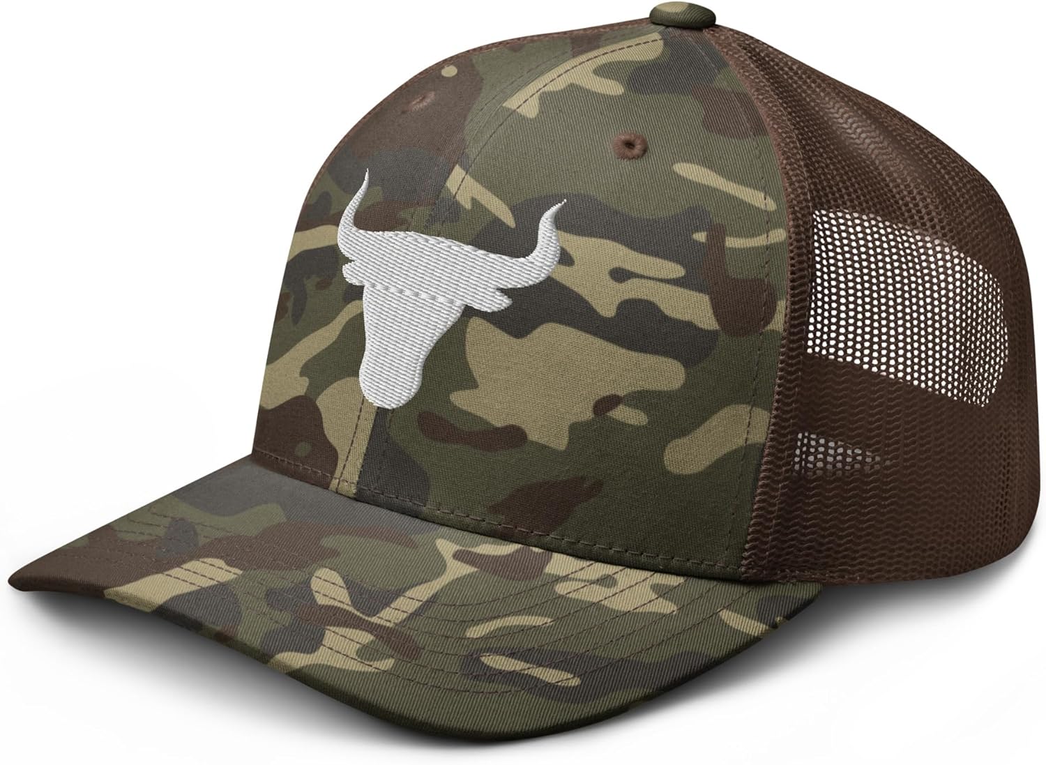 NX Camo Bull Head Rodeo Embroidered Curved Bill Camouflage Trucker Hat Low Crown Snapback Western Country Cowgirl Cowboy Hat