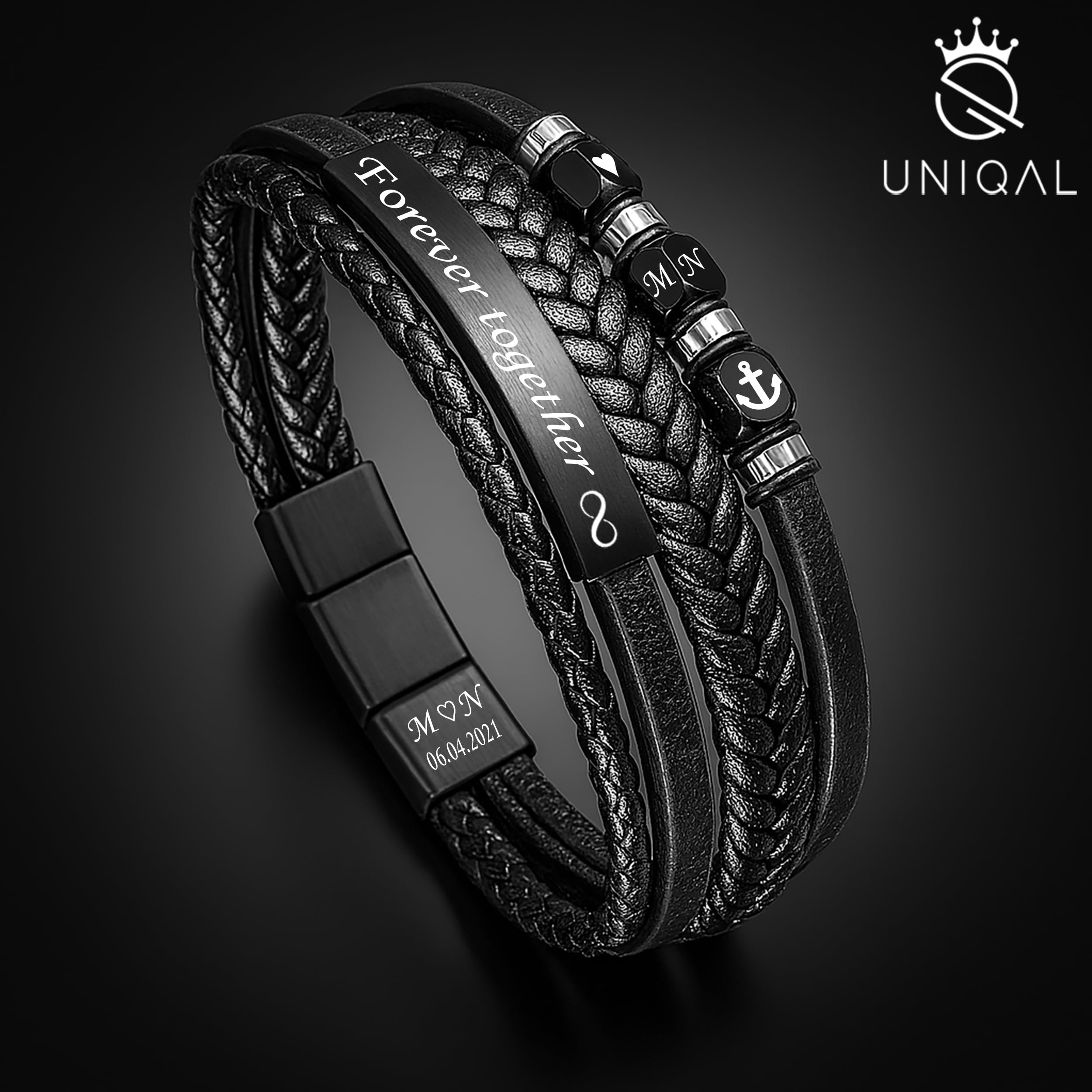 UNIQAL | Lederarmband Herren "PLATE" Mens Bracelet | Edelstahl, Echtleder | Etui Box Gratis