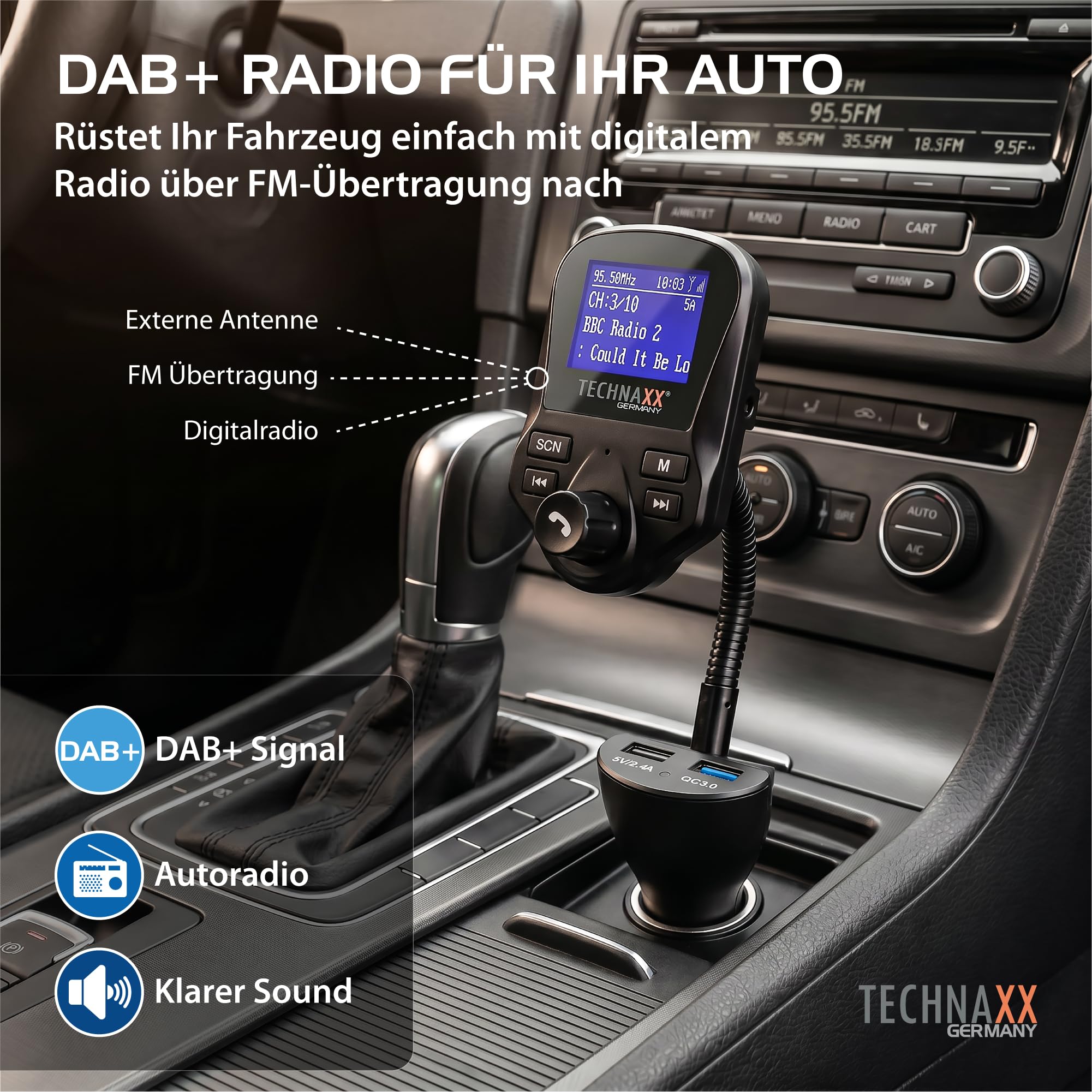 Technaxx FM DAB+ Transmitter FMT1500BT - Freisprecheinrichtung, Bluetooth V4.2, 2X USB, Mikrofon, Anrufe, MicroSD, DAB+ Radio via FM, AUX-IN, großes Display, Musik