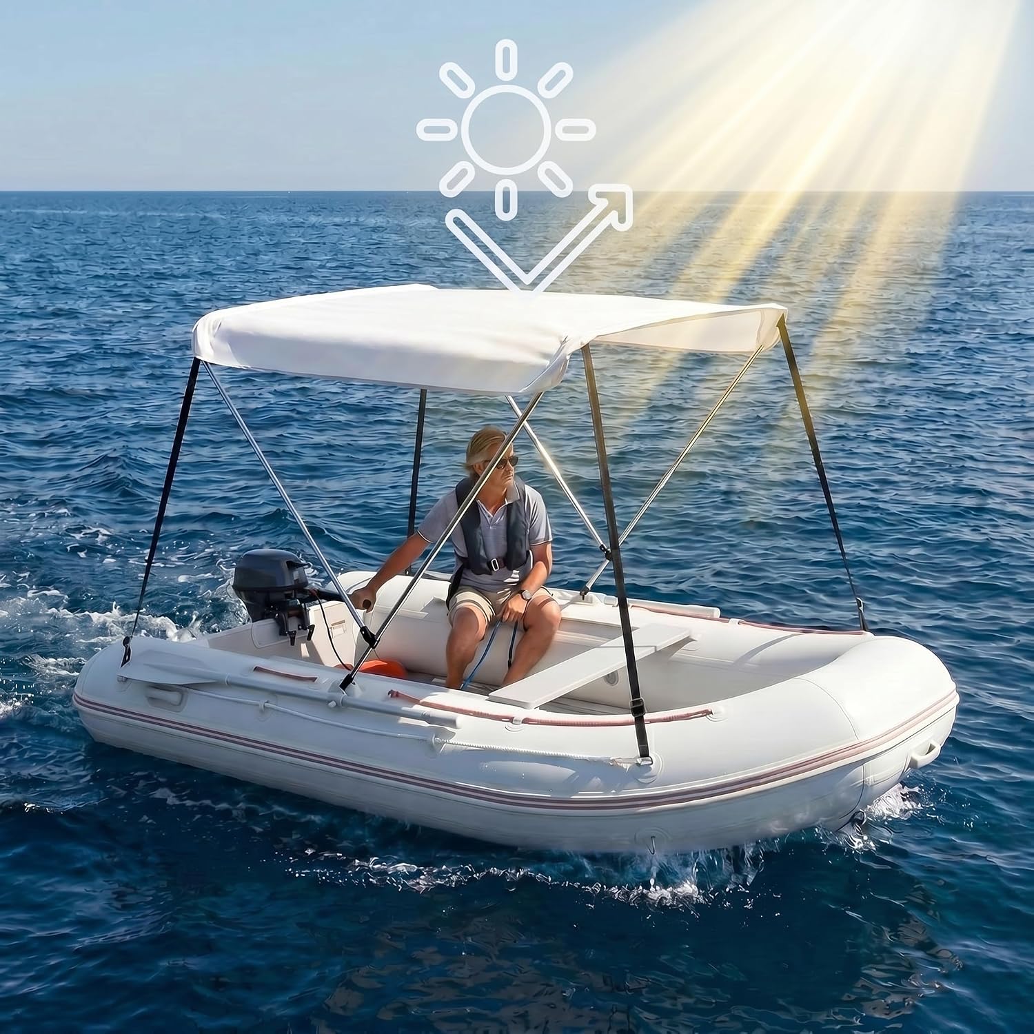 Boat Canopy Sunshade for Inflatable Boats, Waterproof UV Protection Boat Top Replacement Cover, Fits 43"- 59" Width, Easy Install Shelter for Fishing, Kayak, Lake