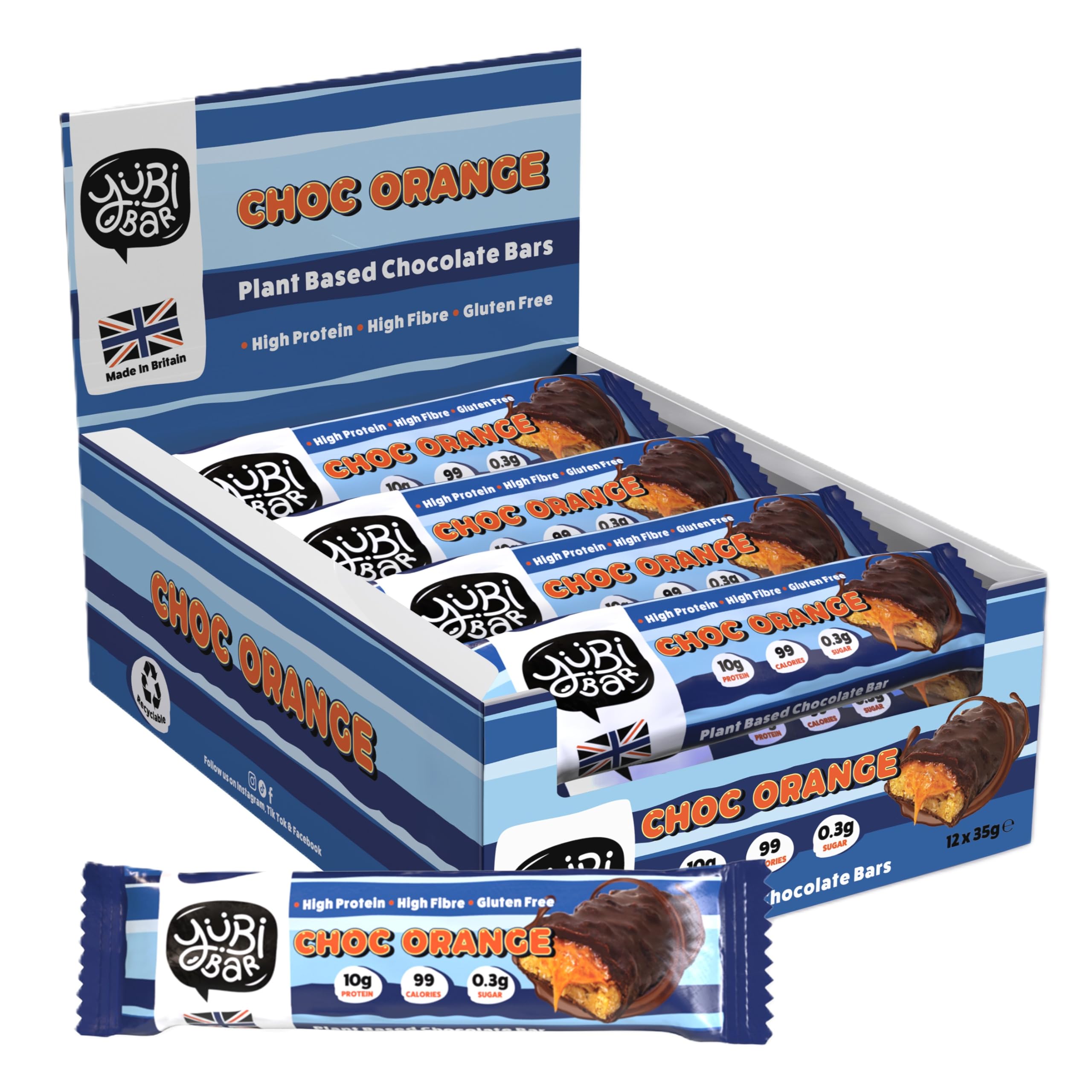 Yubi Choc Orange - 12 Pack - Protein Bars - 99 Calories, High Protein, High Fibre, Low Sugar, Gluten Free and Dairy Free - Healthy Snacks/Nutrition Bar - Chocolate Bars - 420g
