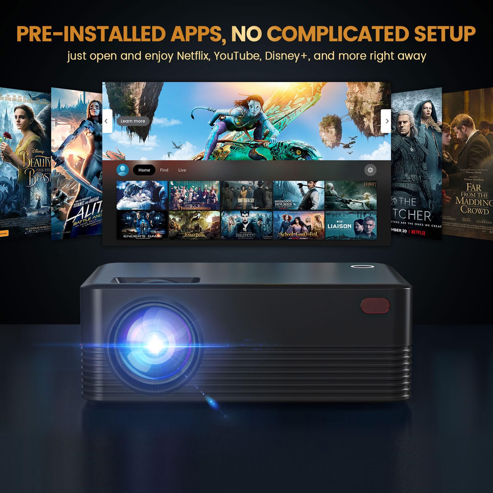 Mini proiettore portatile, proiettore Bluetooth 1080P con schermo, proiettore cinematografico compatibile con iOS/Android/Windows/TV Stick/Box/USB/HDMI, nero