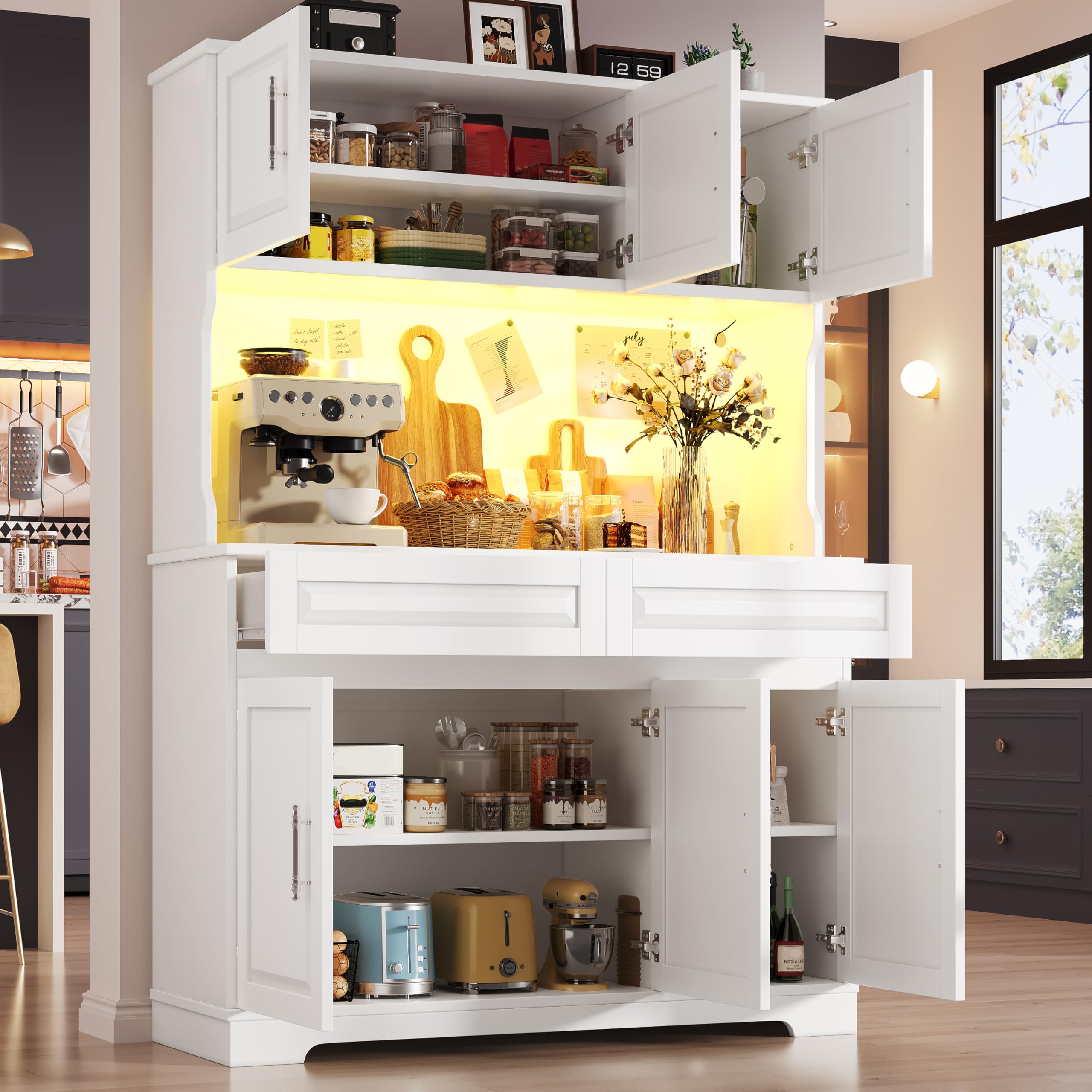 Kebnor Armadi da cucina (108 x 40 x 180 cm), mobile alto con controllo tramite app, ripiani regolabili con piano di lavoro, per cucina, sala da pranzo, credenze con illuminazione a LED (bianco)