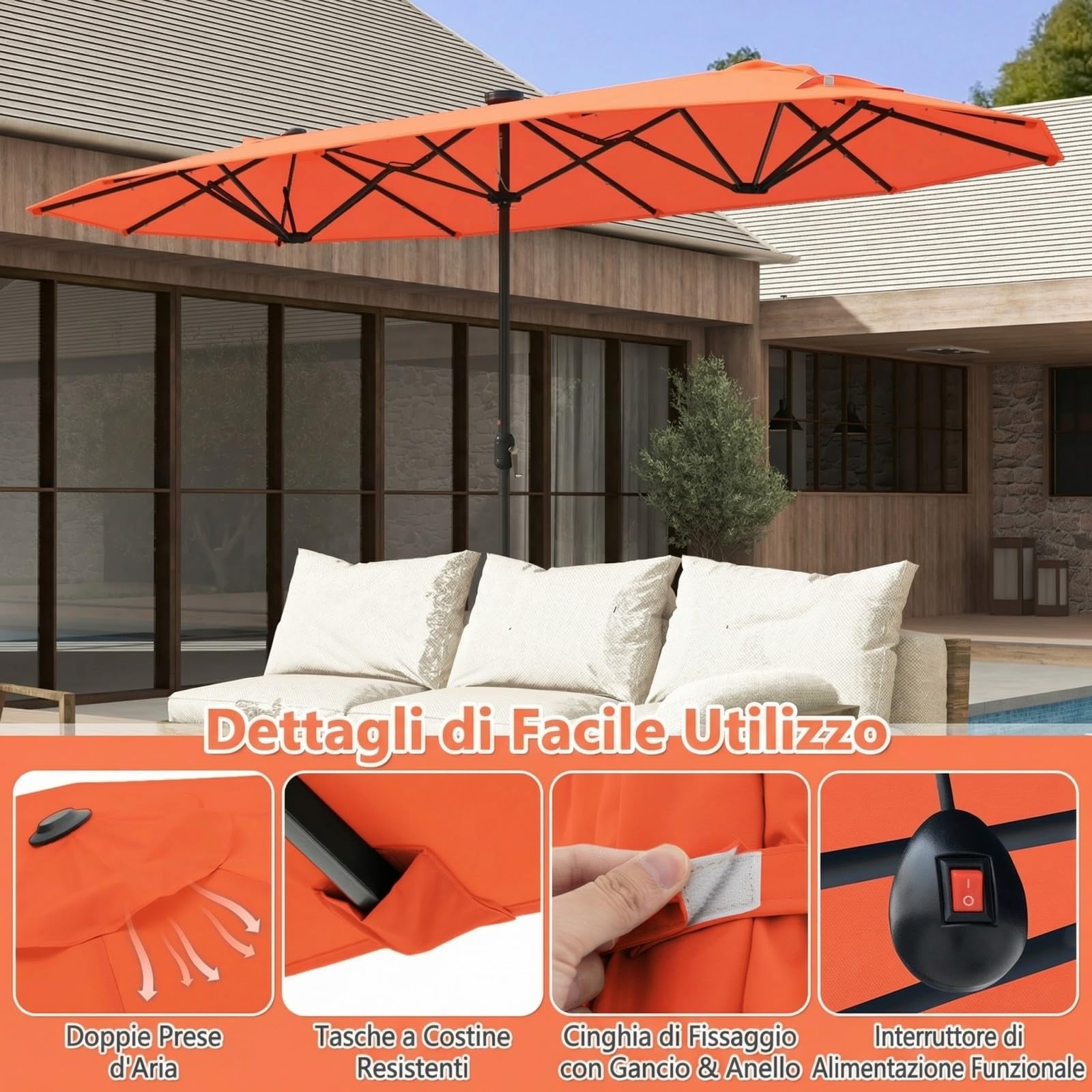 RELAX4LIFE Ombrellone da Giardino 4 x 2 M con Luci LED, Parasole Doppio con Base e Apertura Manovella per Patio, Terrazzo, Balcone e Ristorante (Arancione-Base+Luci, 4 x 2 M)