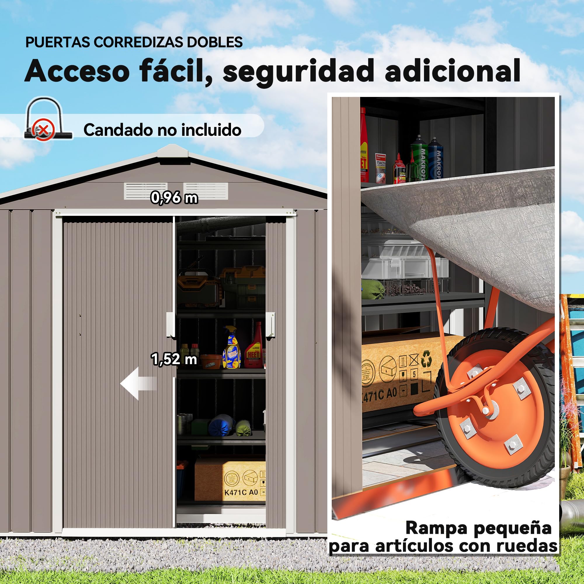Outsunny Caseta de Jardín Exterior, 2,5 m² 213x130x185 cm, Cobertizo de Jardín Exterior Metálico con 2 Puertas Correderas, Base Refuerzo (Suelo NO Incluido) y 4 Ventanas, Gris — view 4