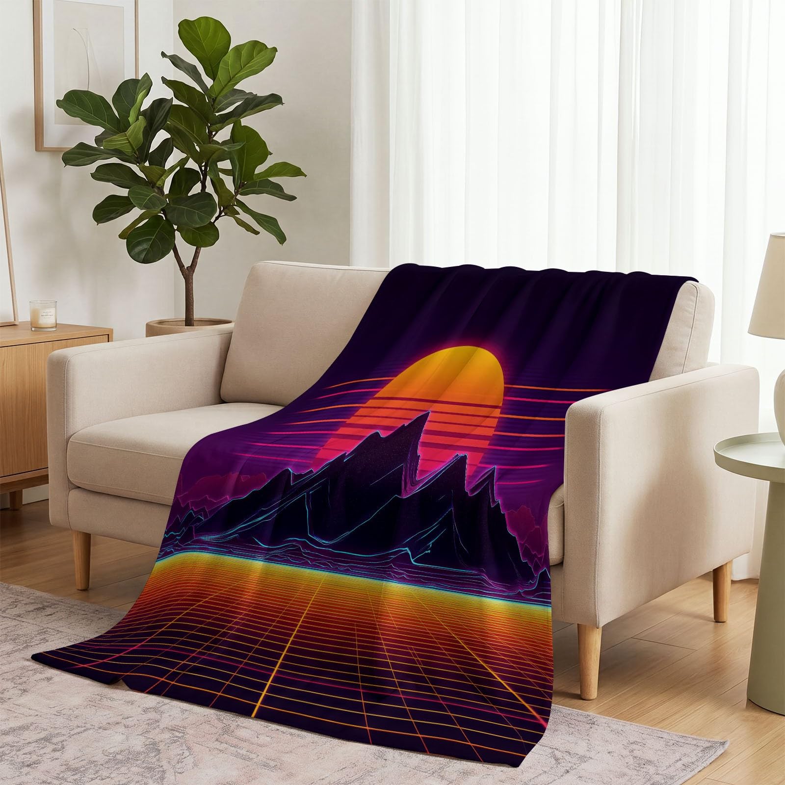 Koc polarowy z motywem gier, miękki, neonowy koc polarowy, góry słoneczne dla dorosłych i dzieci, miękki koc, ciepły na kanapę, 150 x 200 cm