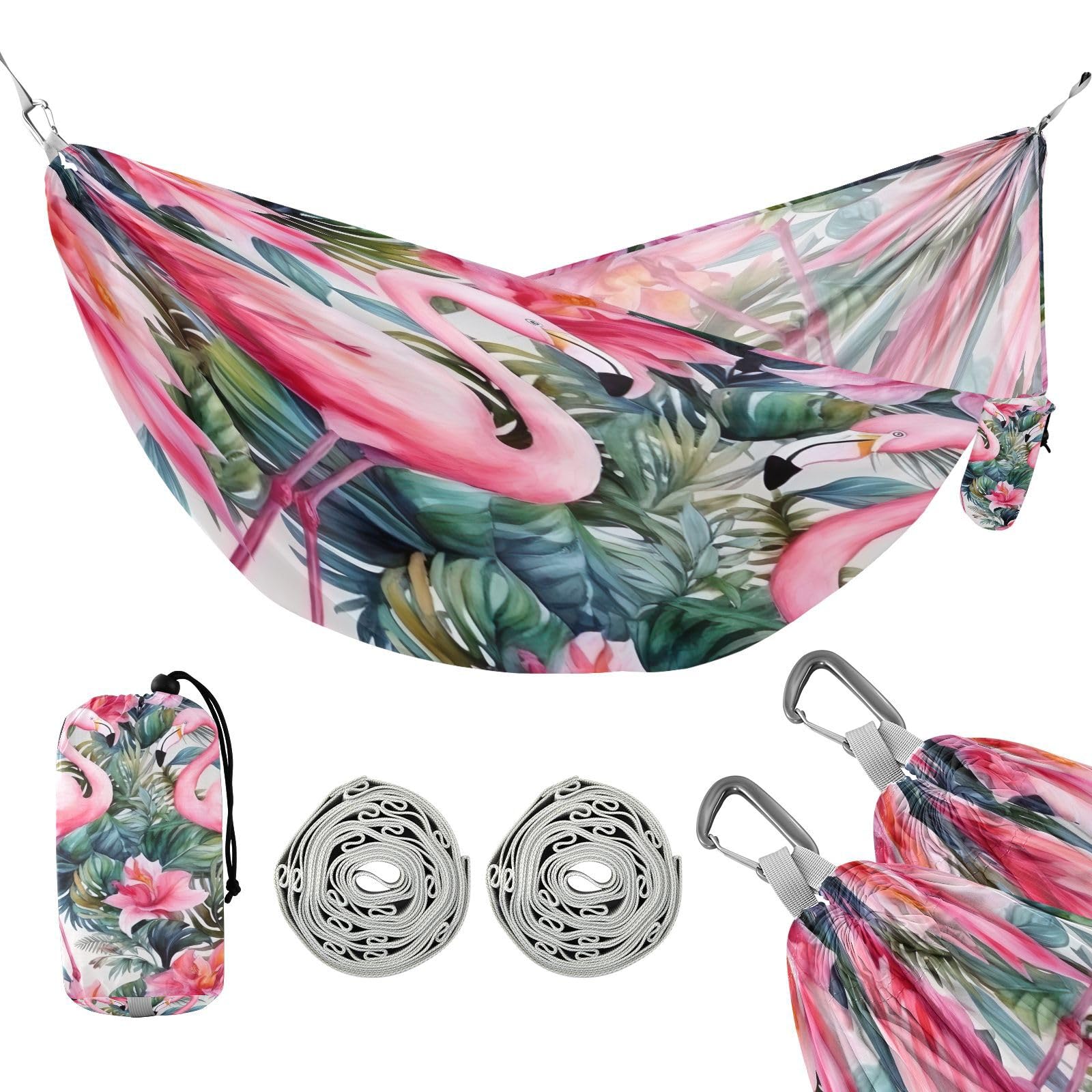 SDMKA Pink Flamingos Camping Hammock, 330 lbs with 2 Tree Straps, Carry Bag, Single Portable Hammock for Outdoor/Indoor, Hiking, Beach, Backpacking, Travel