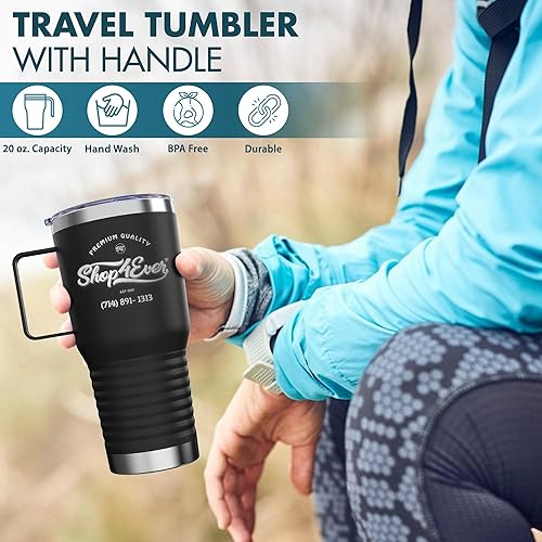 Miniatura 6 de Taza de viaje de acero inoxidable personalizada con texto con asa, regalos grabados personalizados para él, ella, 20 onzas (negro)