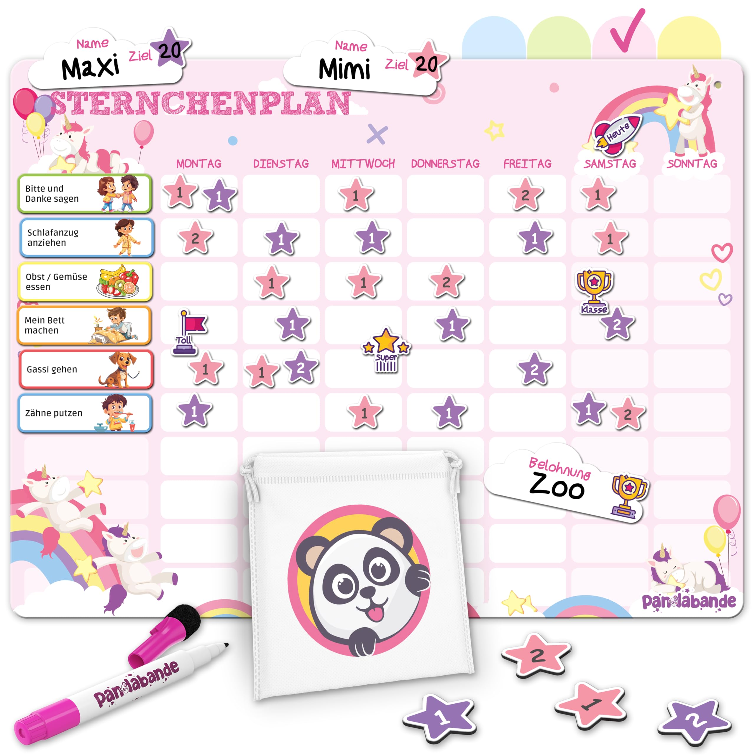 »PANDABANDE« Belohnungstafel Kinder [100 Aufgaben, 200 Sterne, 1-2 Kinder] - Belohnungssystem für mehr Verantwortung - Idealer Aufgabenplaner Magnetisch (Einhörner)