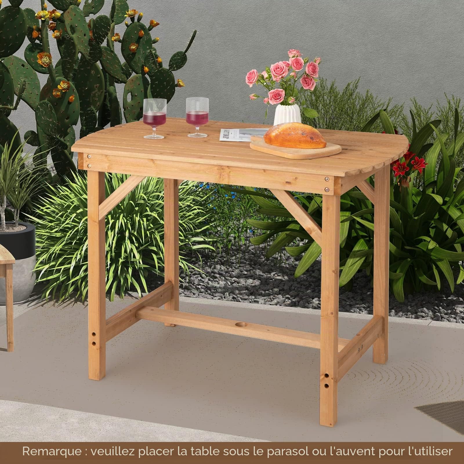 Giantex Table de jardin avec trou pour parasol - Table à manger d'extérieur en bois - 100 x 60,5 x 75 cm - Pour jardin, balcon, terrasse