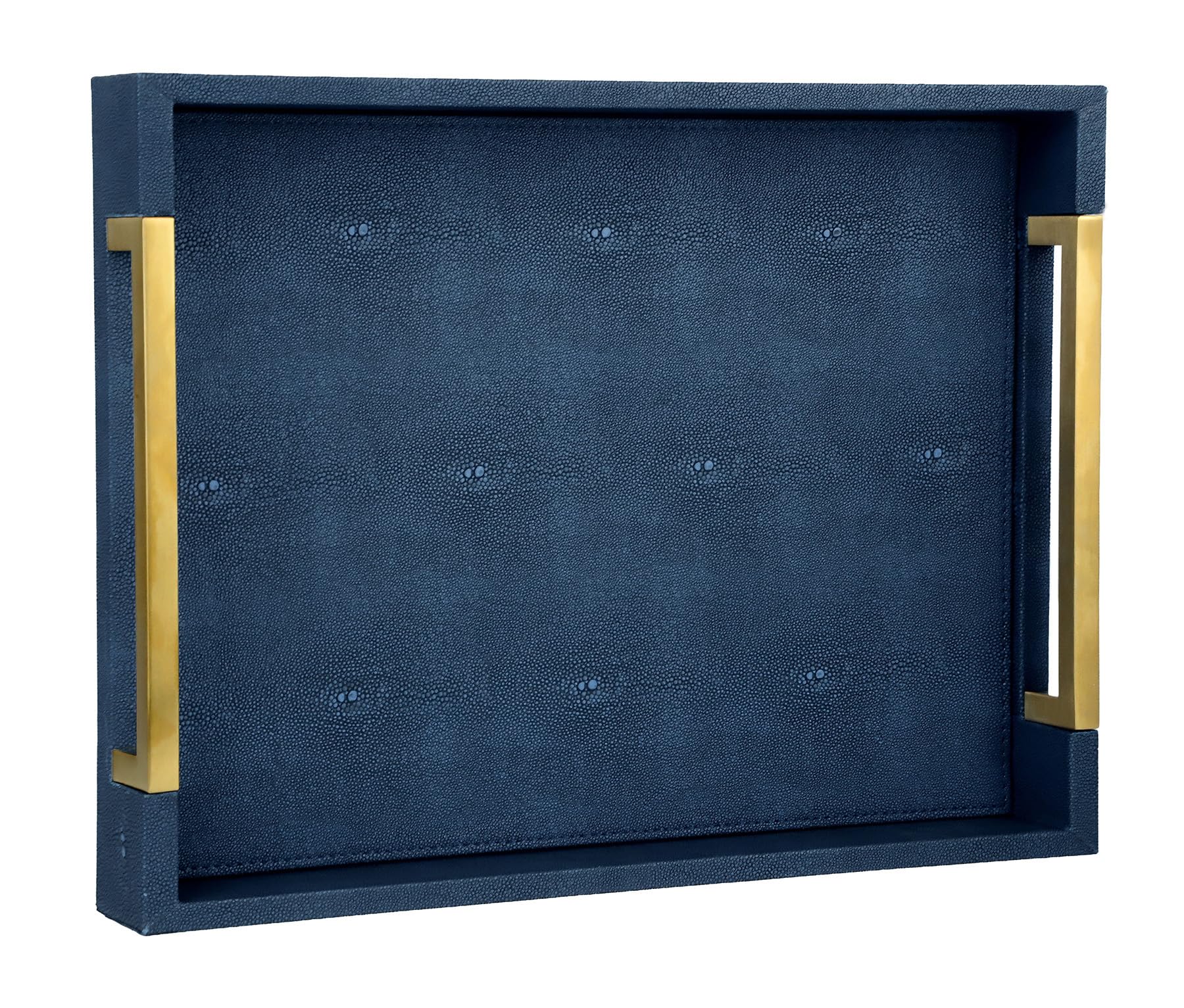 HofferRuffer Plateau de service en similicuir avec poignées en métal doré, élégant plateau de rangement décoratif pour table basse, ottoman, décoration d'intérieur et de service (galuchat bleu, 41,1 x