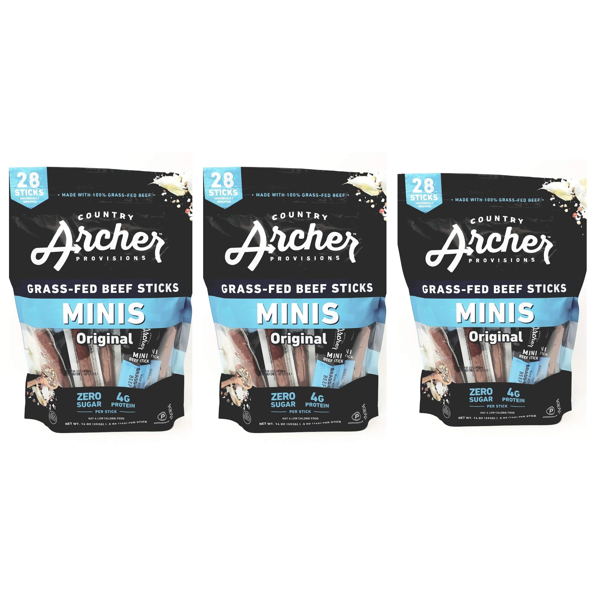Country Archer Mini Beef Sticks Original Flavor - 28 Individually Wrapped Mini Beef Sticks Per Bag - Gluten Free - Made With 100% Grass Fed Beef - Certified Paleo - Choose a 3 Pack or 4 Pack (3 Pack)