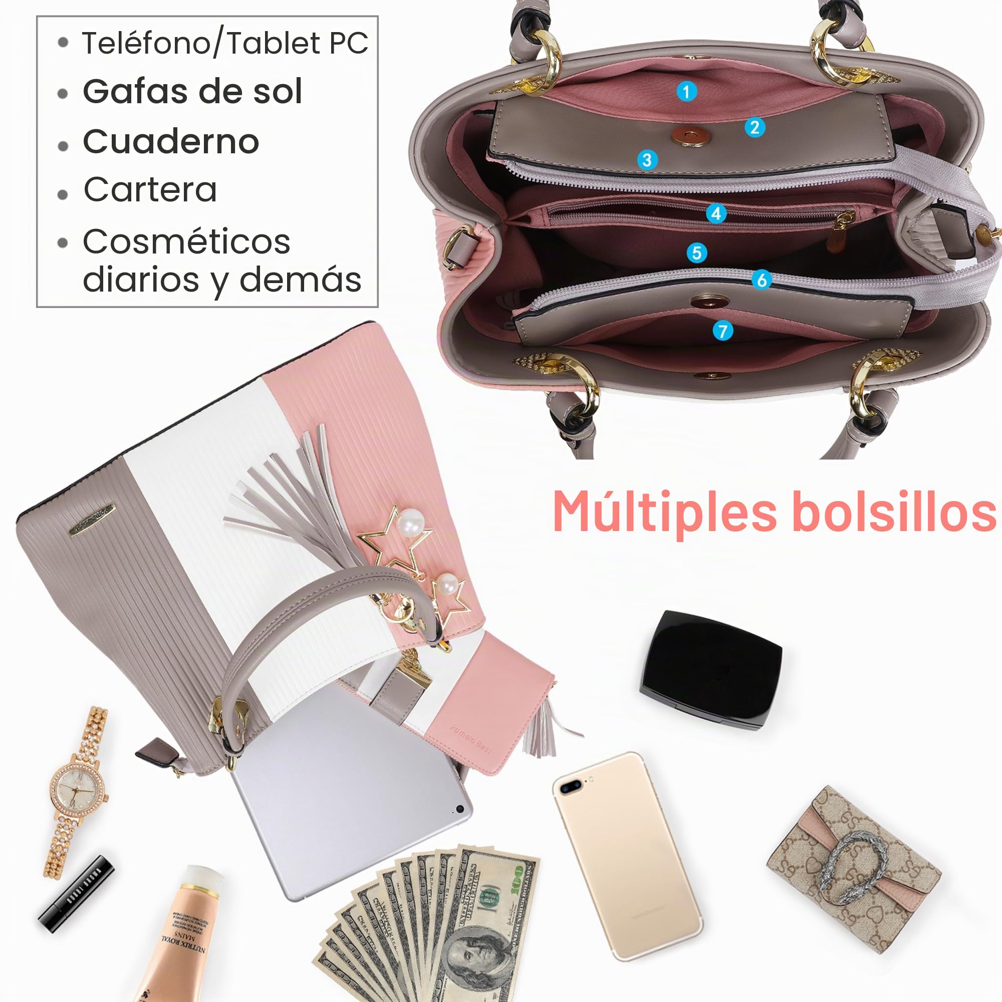Pomelo Best Bolsos de Mujer, Bolso Señora Tote Multicolor Rayas PU Cuero Con Flecos Bolso Hombro Bolso Shopper perfecto para Trabajo, Diario Vida, Navidad y Fiesta ect (Rosa)