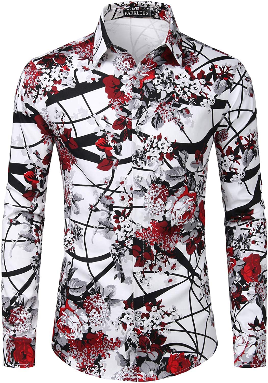 PARKLEES Camisa de manga larga con botones para hombre, con estampado floral, informal, elegante