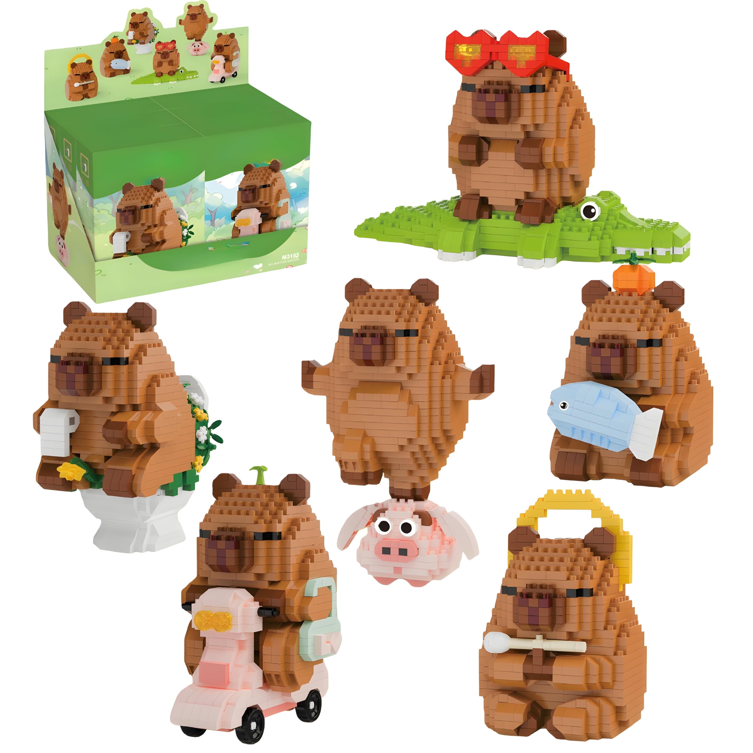Unativer 6-in-1 Capybara Building Blocks Set, 3323 PCS Animal Construction Toys Mini brick Model Kit for Pet Lovers, Creative DIY Educational Collectible Display for Home Decoration, Birthday Gifts