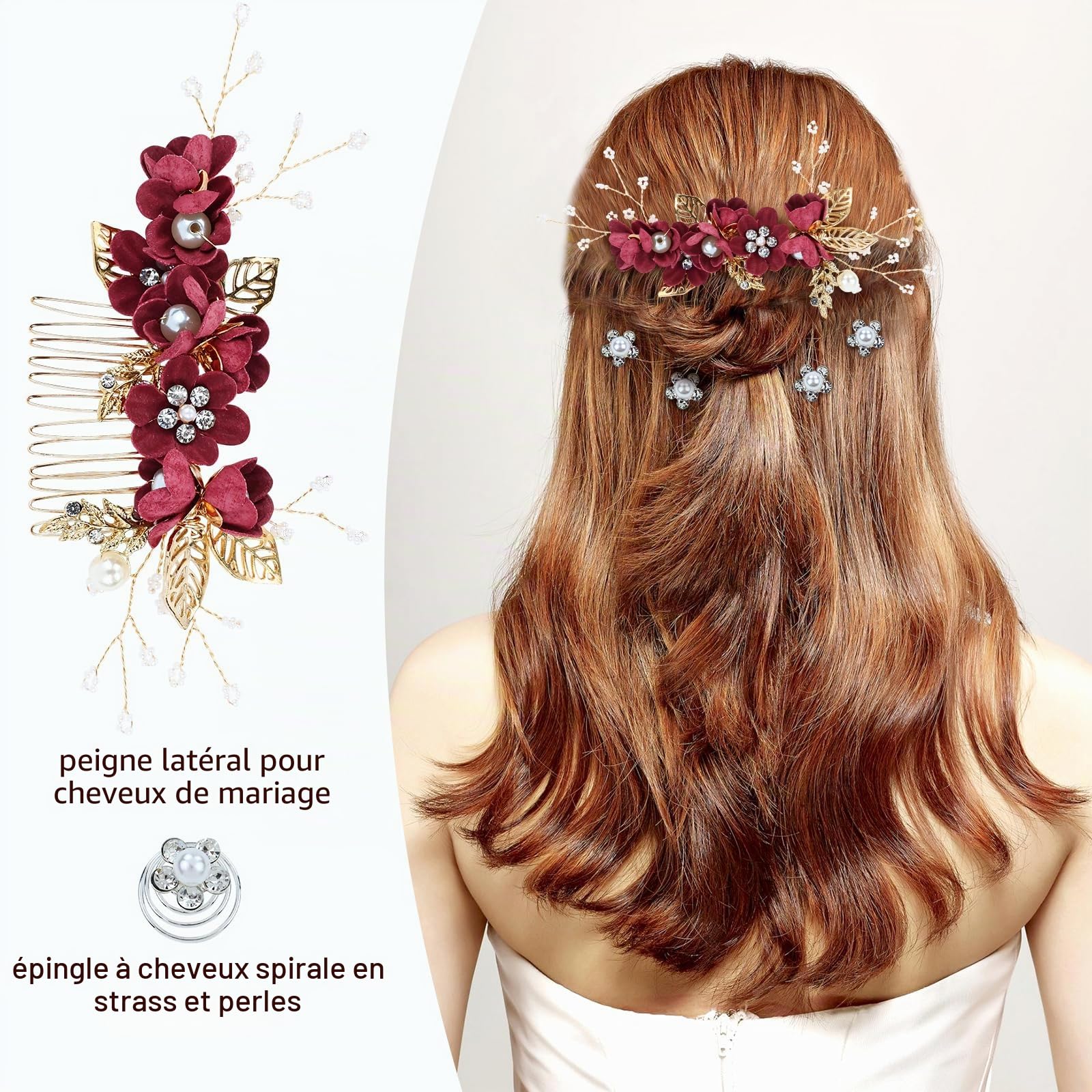 Cinaci Lot de 18 épingles à cheveux en fleur pour mariée, fête de mariage, bal de fin d'année, perles et strass bordeaux, torsion de fleurs, coiffe pour mariées et demoiselles d'honneur