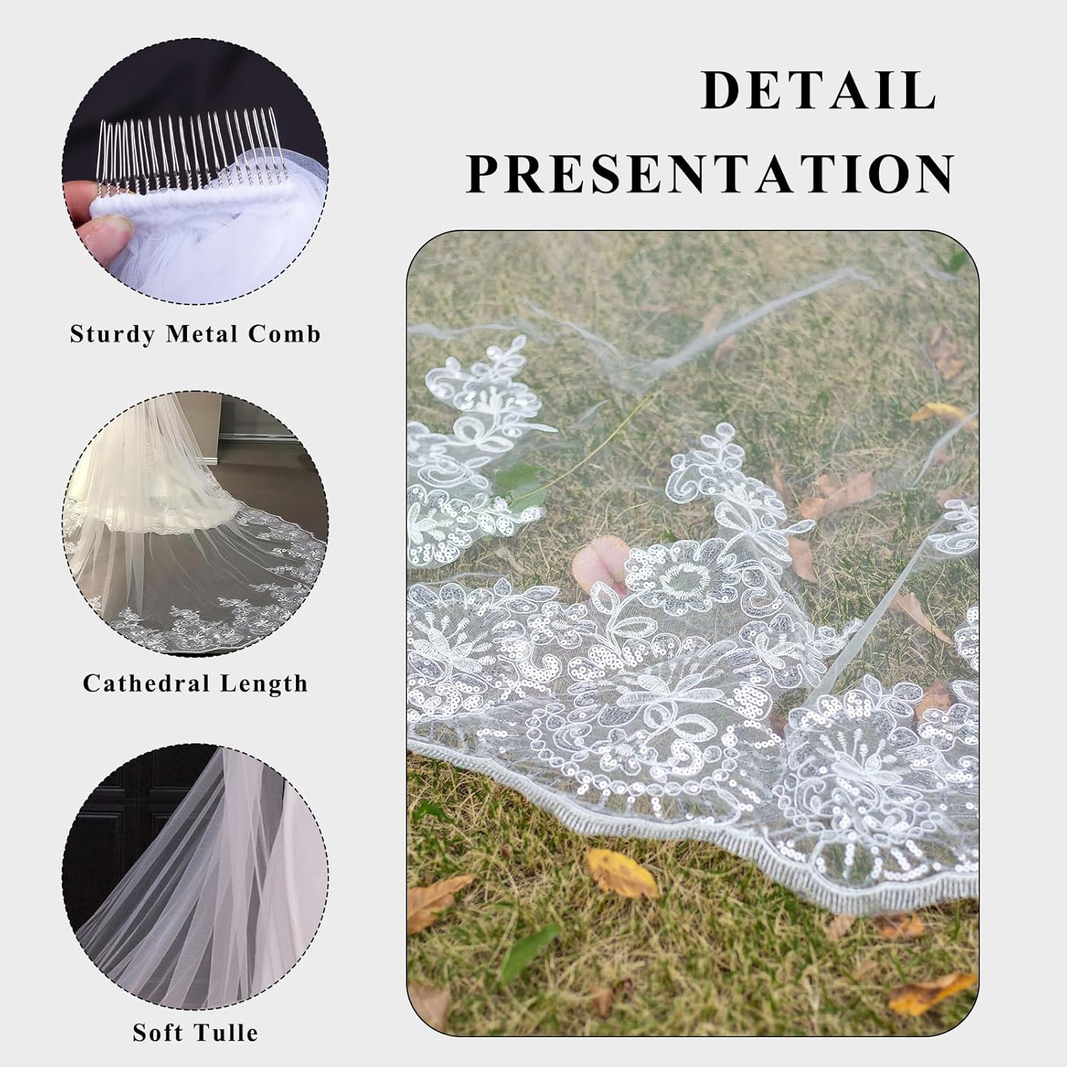Bridal Veil long Cathedral Length Lace Sequins Edge 1 Tier Wedding Veil with Metal Comb for Brides - Image 6