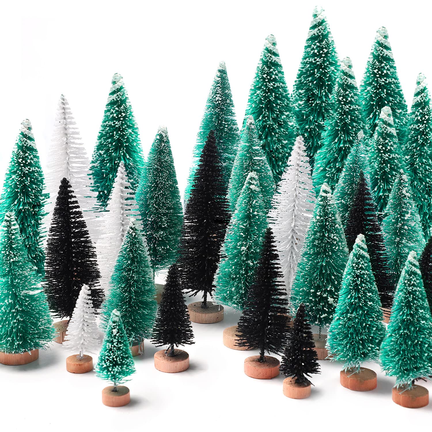 30Pcs Mini Christmas Trees, Artificial Christmas Tree Bottle Brush Trees Christmas with 5 Sizes, Sisal Snow Trees with Wooden Base for Christmas Decor