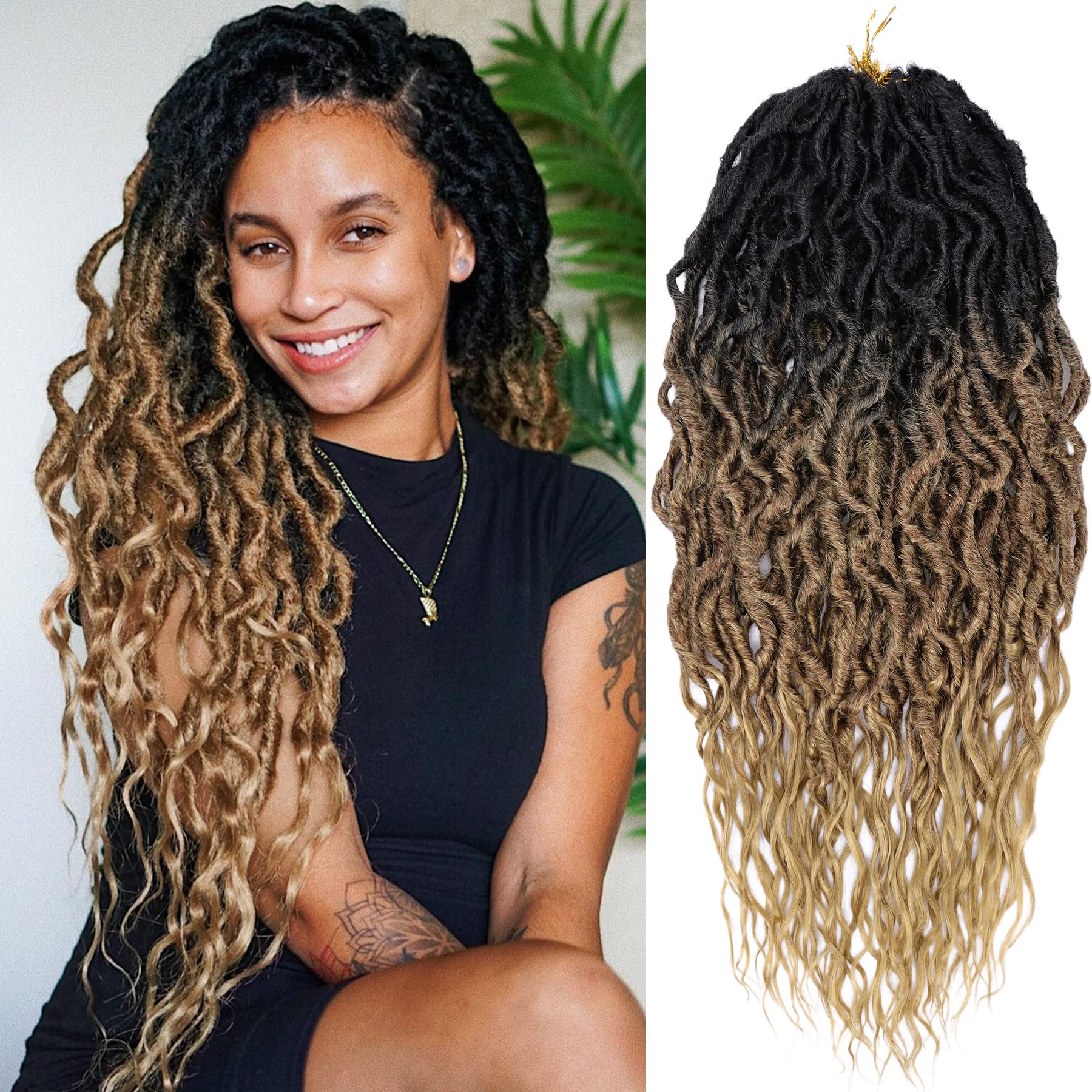 Faux Locs Crochet Hair 24 Inch 7 Packs New Goddess Locs Crochet Hair for Women Pre Looped Soft Locs Crochet Braids with Curly Ends Synthetic Boho Hippie Locs Crochet Hair Extensions(OT1B/30/27#)