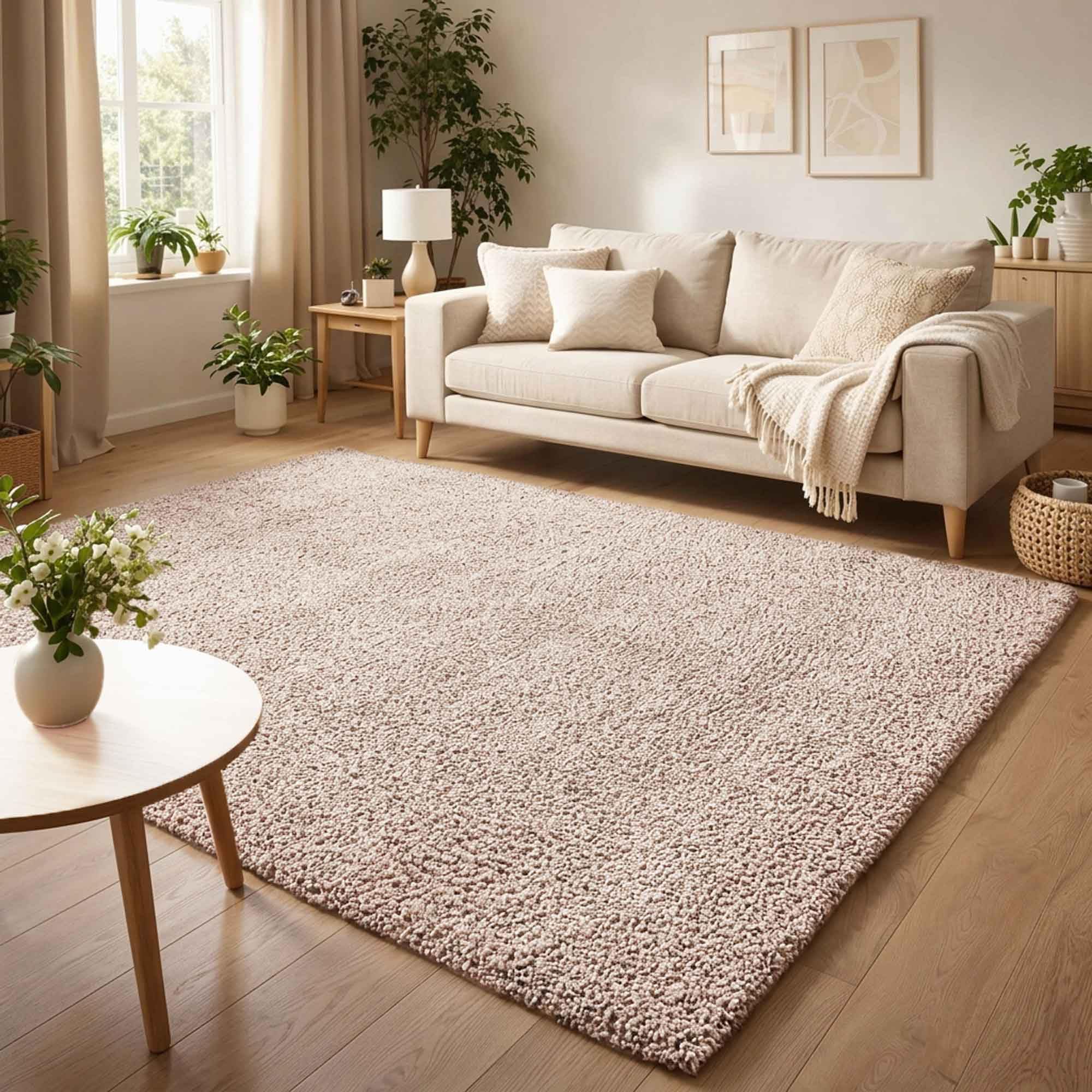 Ainsley Plain Soft Modern Living Room Shaggy Rug, Light Beige, 120x170cm