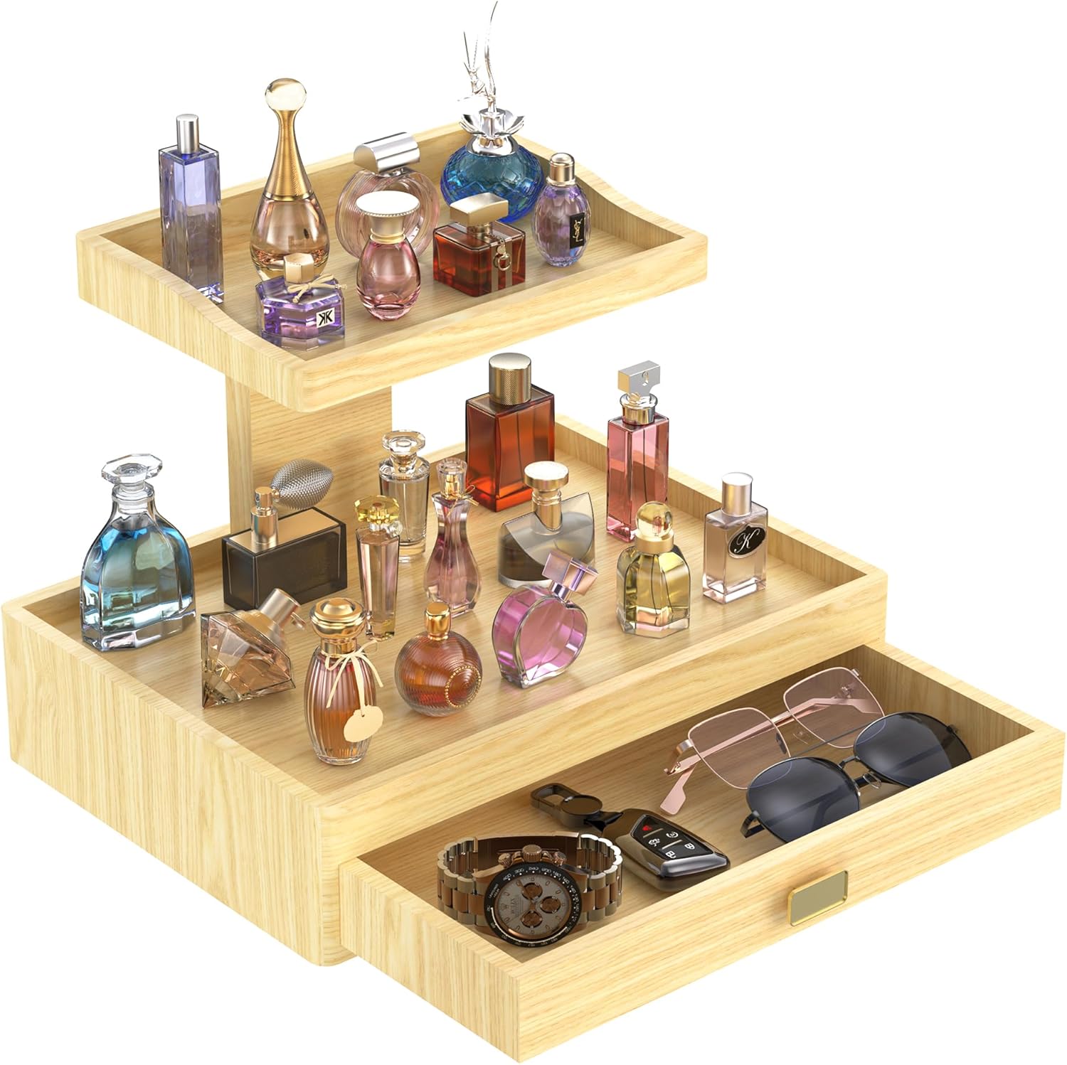 Cologne Organizer for Men, 2-Tier Pine Wood Elevated Perfume Organizer Display Shelf with Drawers, Cologne Stand Storage Dresser for Woman Men Boys Dad Husband