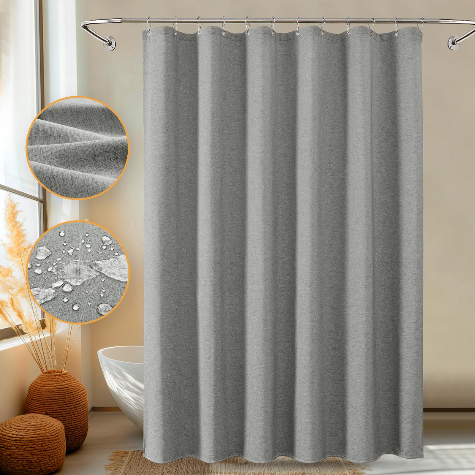 Duschvorhang Grau, blasenfreier Duschvorhang mit Leinenstruktur, weicher, doppellagiger, wasserdichter Duschvorhang mit intelligenter Funktion und Edelstahlhaken für das Badezimmer, 183x183cm (grau)