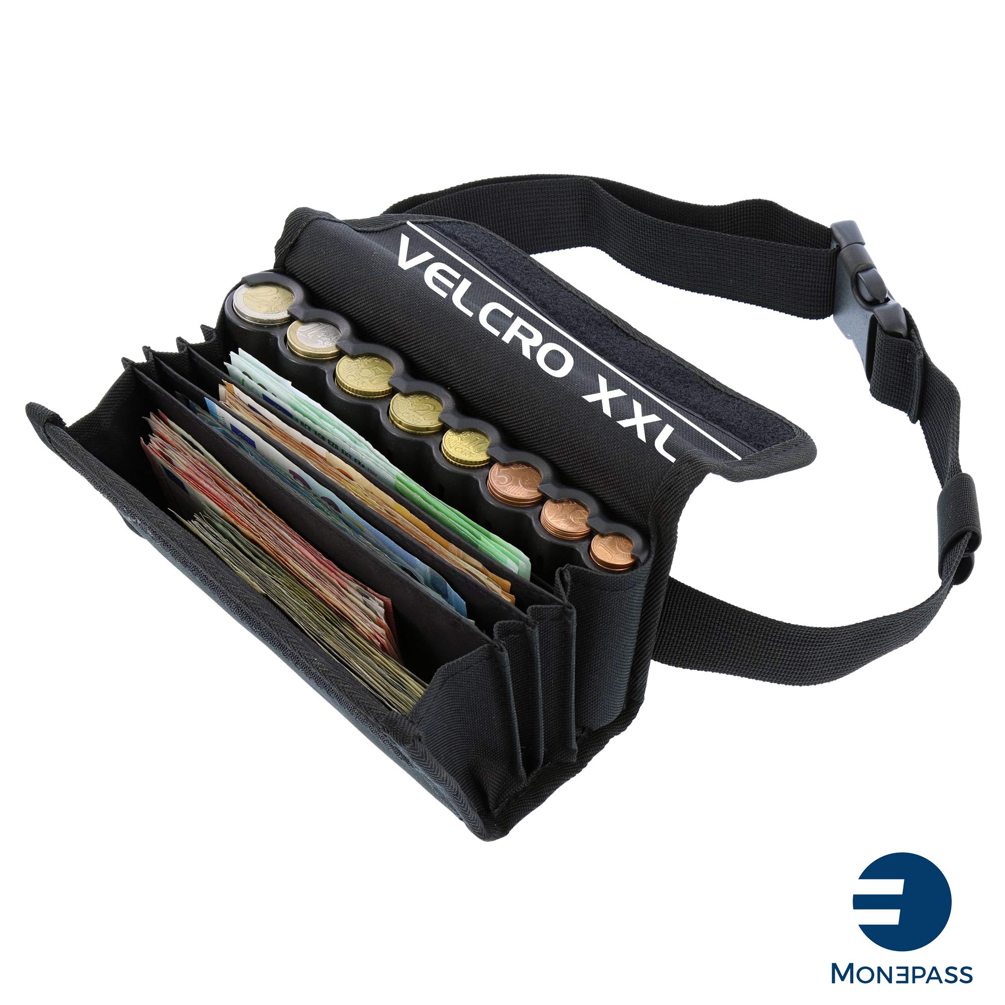 Sacoche de Service avec monnayeur Euro Inclus (8 pièces). Fermeture du Rabat par Scratch XXL - Idéal pour Les métiers du Transport (Livreur, Chauffeur de Bus, Taxi...) … - Version Noir/Jaune