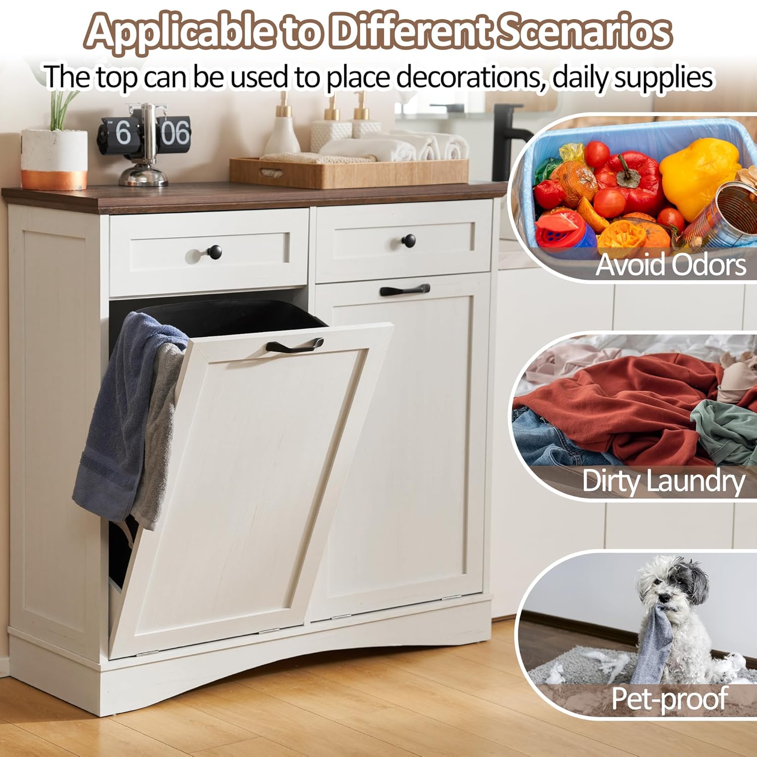 Double Tilt Out Trash Cabinet Freestanding Wooden Garbage Can Cabinet with Hideaway Drawers, 2x13 Gallons Pet Proof Garbage Can Holder for Kitchen Living Room