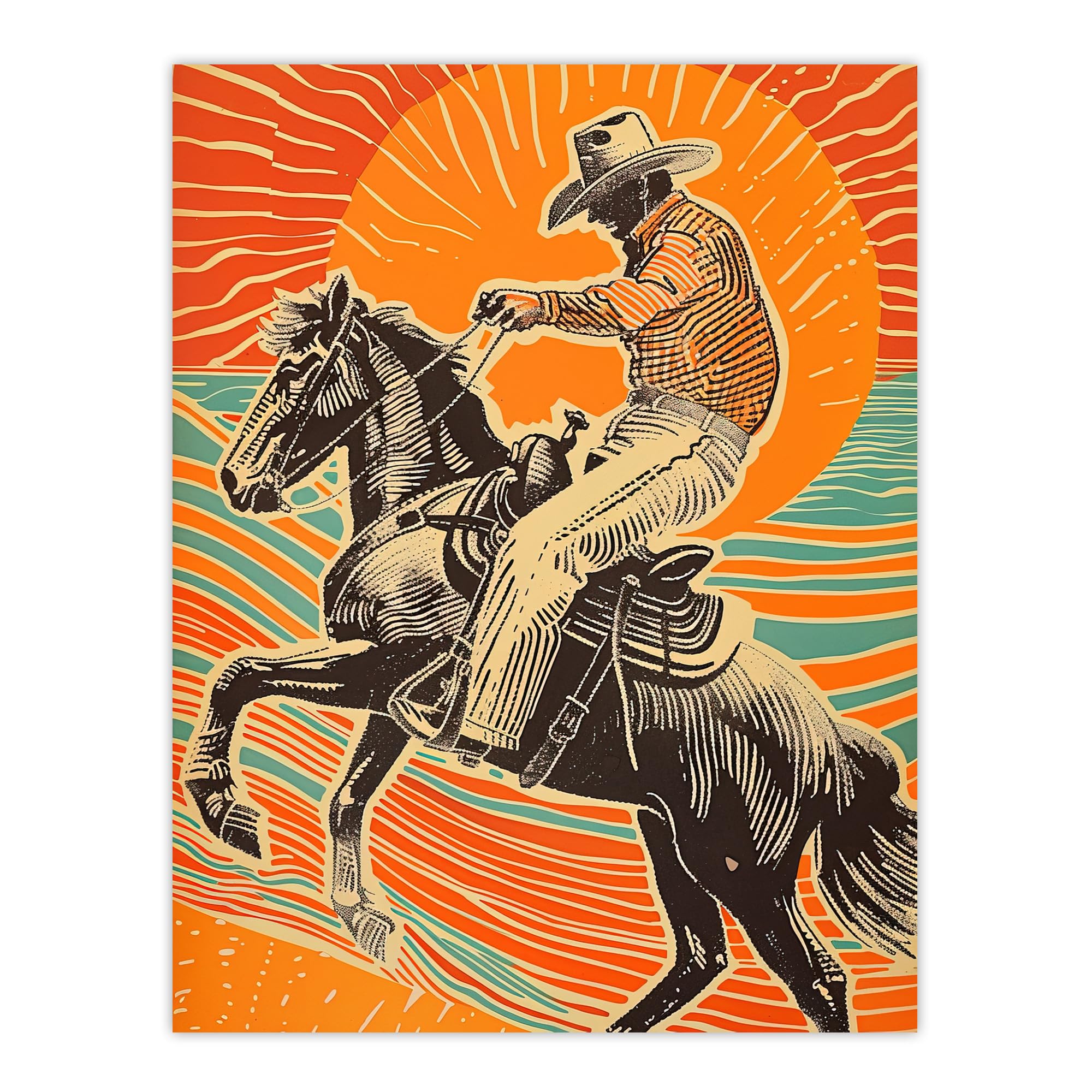 Artery8 Abstract Cowboy on Horse Sunset Western America Living Room Large Wall Art Poster Print Thick Paper 18X24 Inch