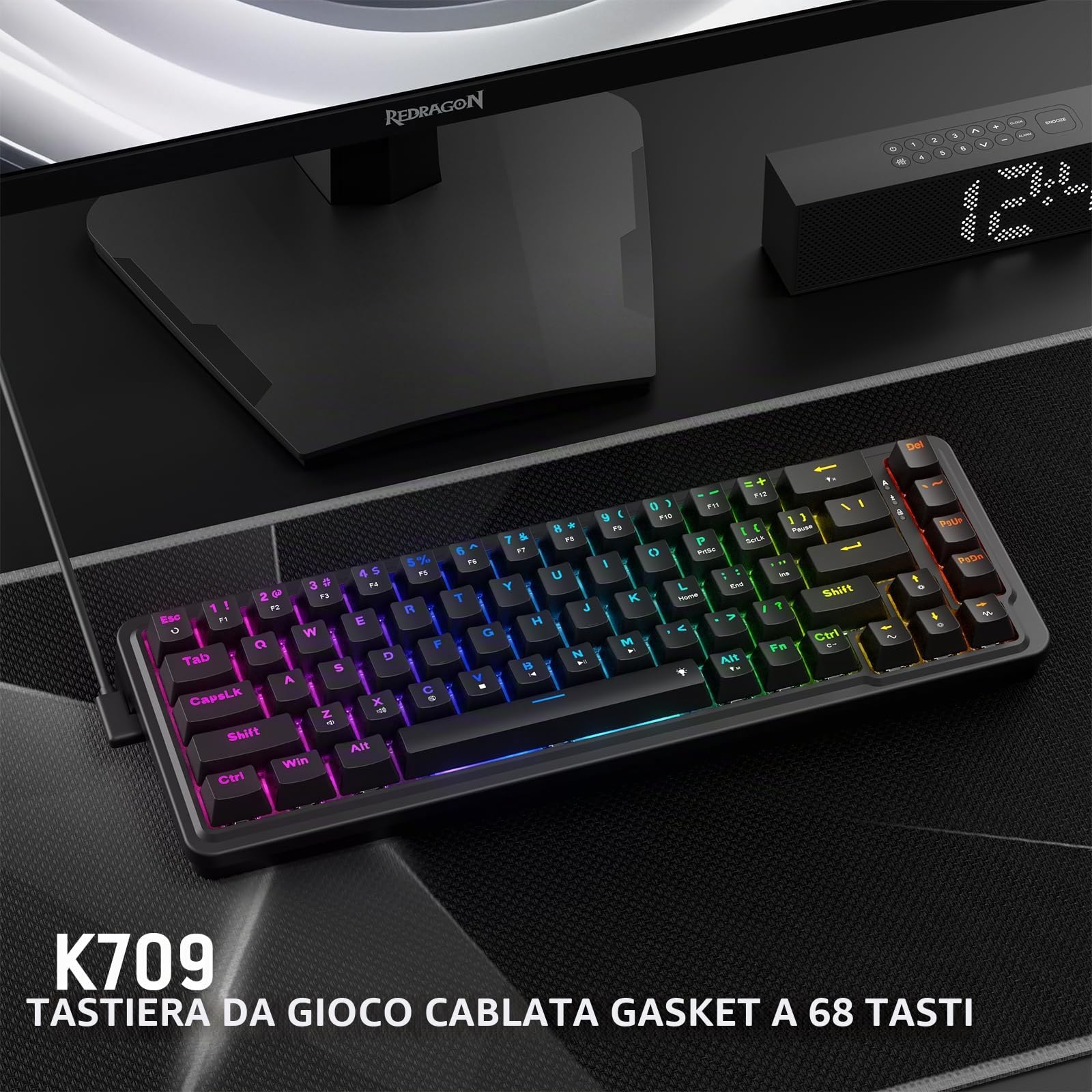 Redragon K709 Tastiera da Gioco RGB Cablate 65%, Meccanica Hot-Swap 68 Tasti, Smorzamento Rumore a 3 Strati, US Layout