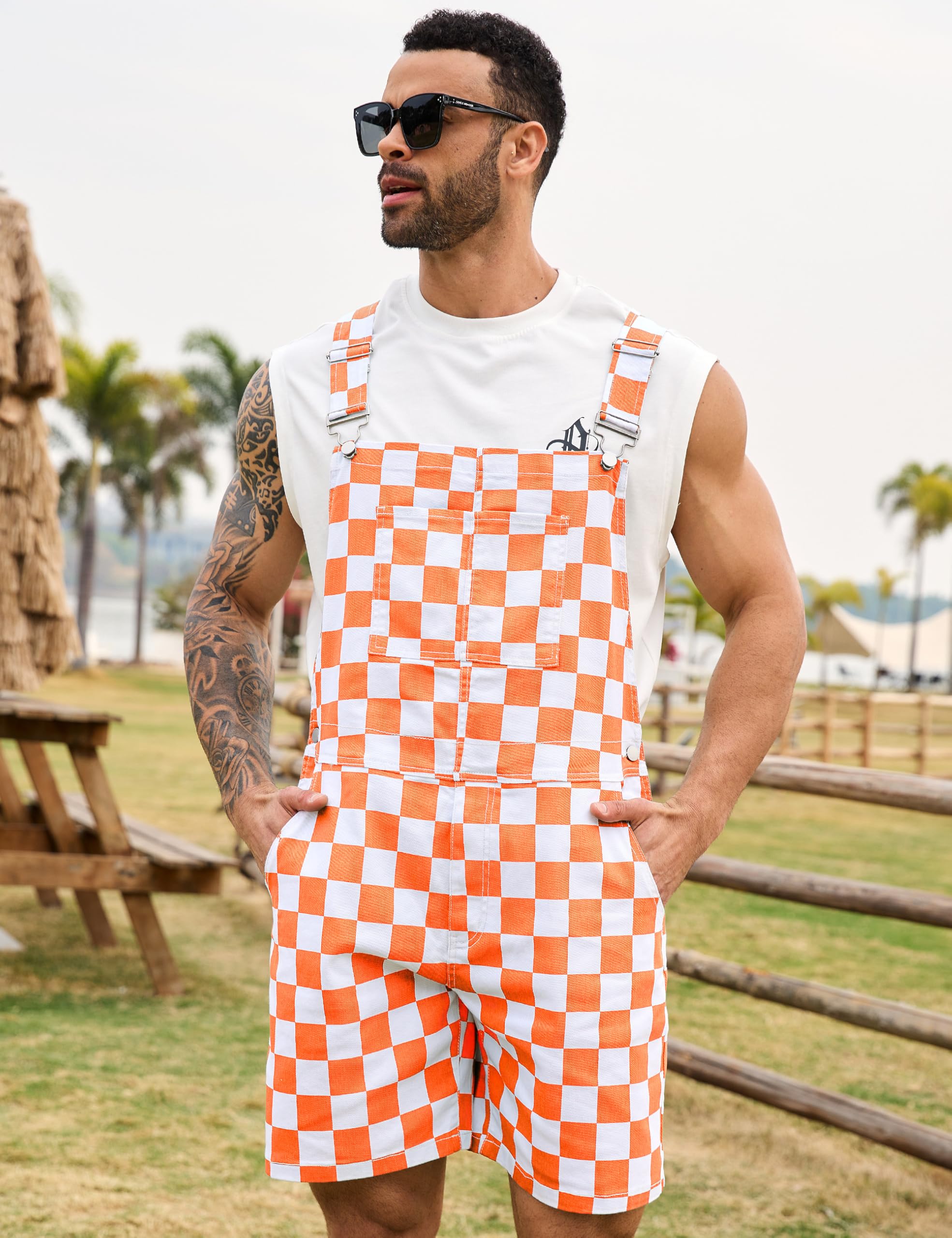 Odefou Karierte Latzhose für Herren, Overall, Shorts, Arbeitsoverall