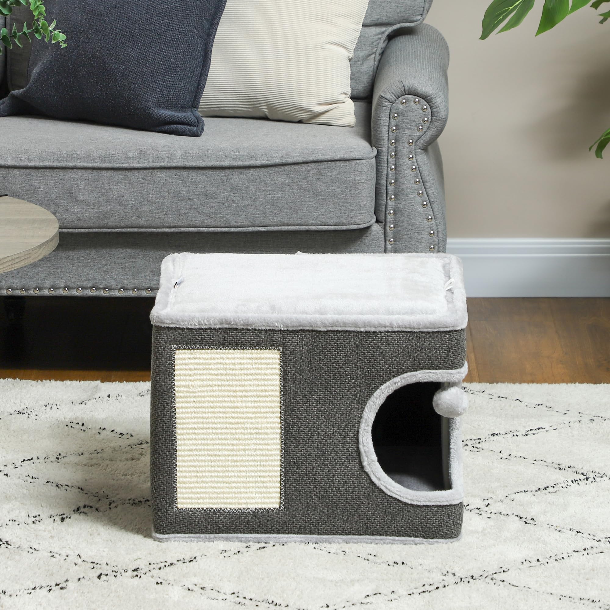 PawHut Kratztonne, 35 cm hoch Katzentonne mit Höhle, Kratzbaum mit Spielball, Katzenturm aus Sisal, für Katze bis 6 kg, Dunkelgrau+Cremeweiß