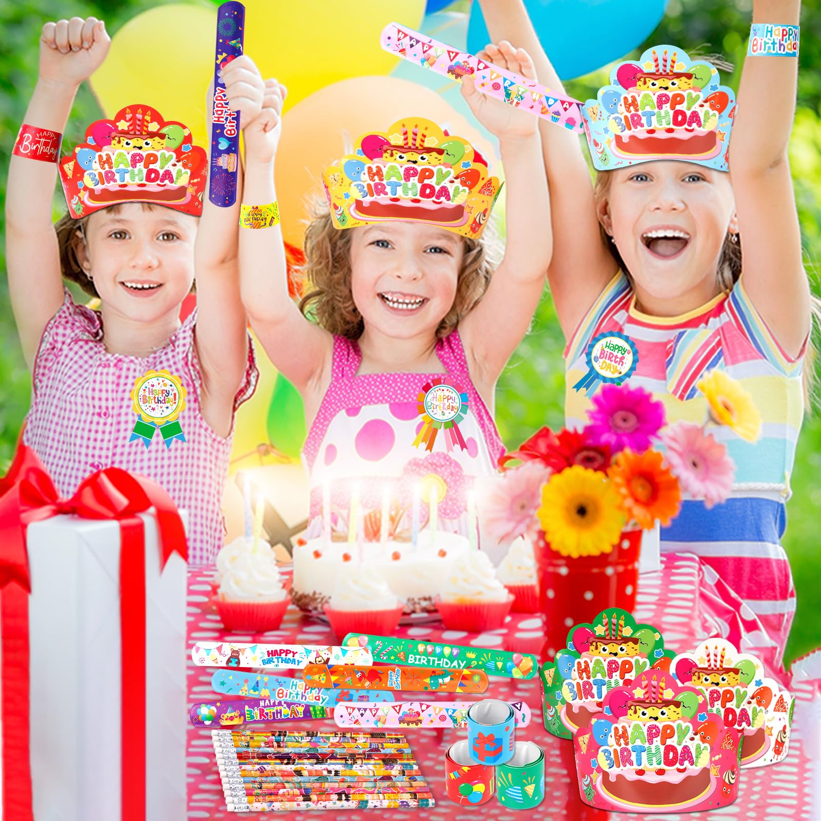 144 Stück Geburtstagskronen für Kinder im Klassenzimmer, inklusive 36 bunten Geburtstagspapierhüten mit Gummiband, 36 Abzeichen-Aufkleber, 36 Slap-Armbänder und 36 Bleistifte für Klassenzimmer